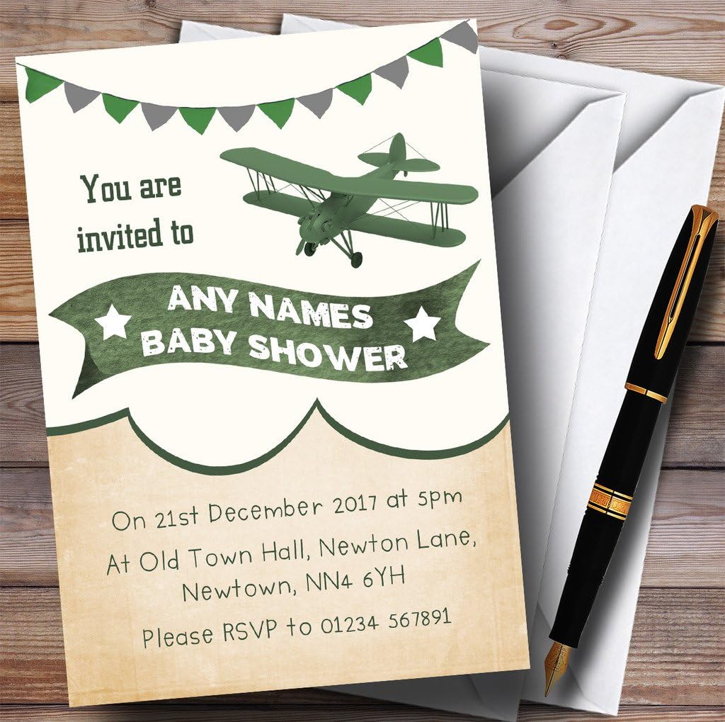 Vintage Plane Cloud Green Invitations Baby Shower Invitations