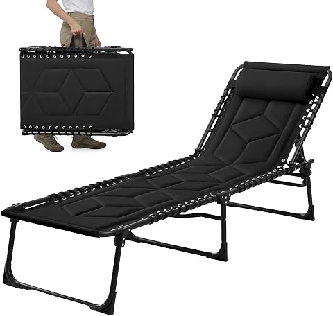 Palawano Tumbona Plegable con Respaldo Ajustable 5 Posiciones, Cama de Camping con Cojín, Tumbona Exterior Portátil para Jardín, Playa, Piscina, Balcón e Interior (Negro)