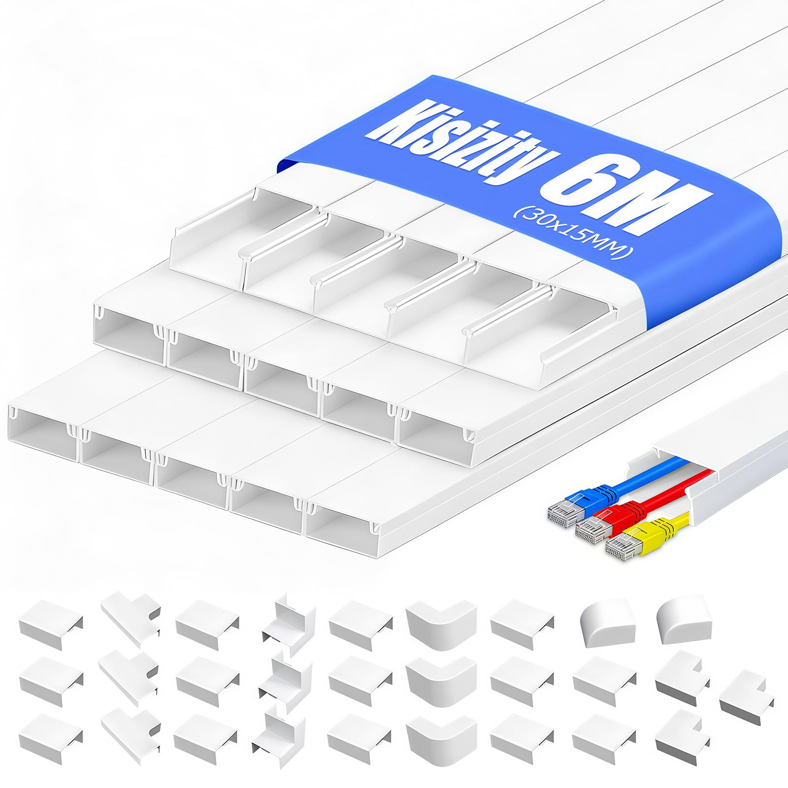6m Cable Trunking Kit, 30 x 15mm Trunking for Electric Cables, White Self Adhesive Wire Trunking for Home, School and Office (White, 40 x 30 x 15mm | 6m)
