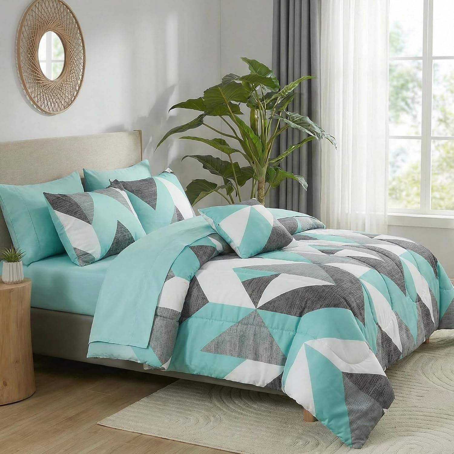 Bedbay Grey and Teal Comforter Set Teal Bedding Full Size Bed Sheets and Comforter Set Geometric Chevron Full Bed Set Soft Lightweight Comforter Bed in a Bag 8 Pieces(Teal&Grey,Full) - Image 4