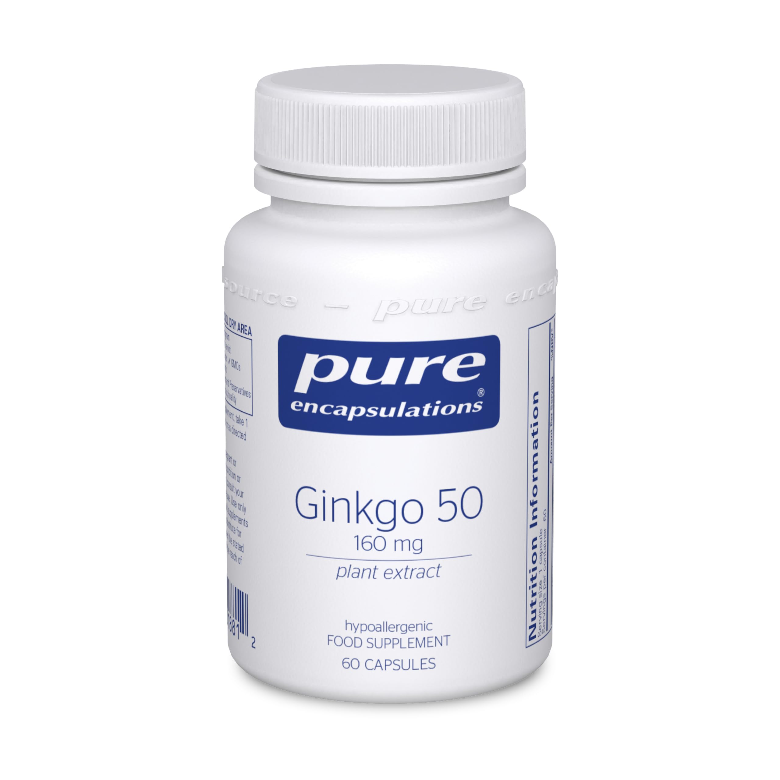 Ginkgo 50 160mg - Hypoallergenic Ginkgo Biloba Extract Phytonutrient Supplement - 60 Capsules