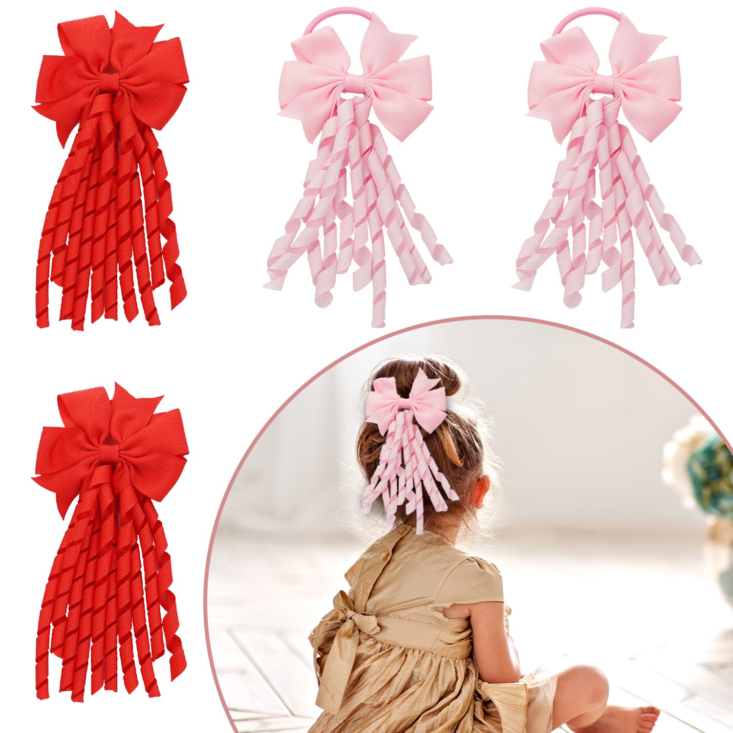 4 Uds. Serpentinas en espiral con lazo para el pelo, lazos para el pelo, soportes para cola de caballo, banda de goma, accesorios para el cabello para niñas (rosa/rojo)