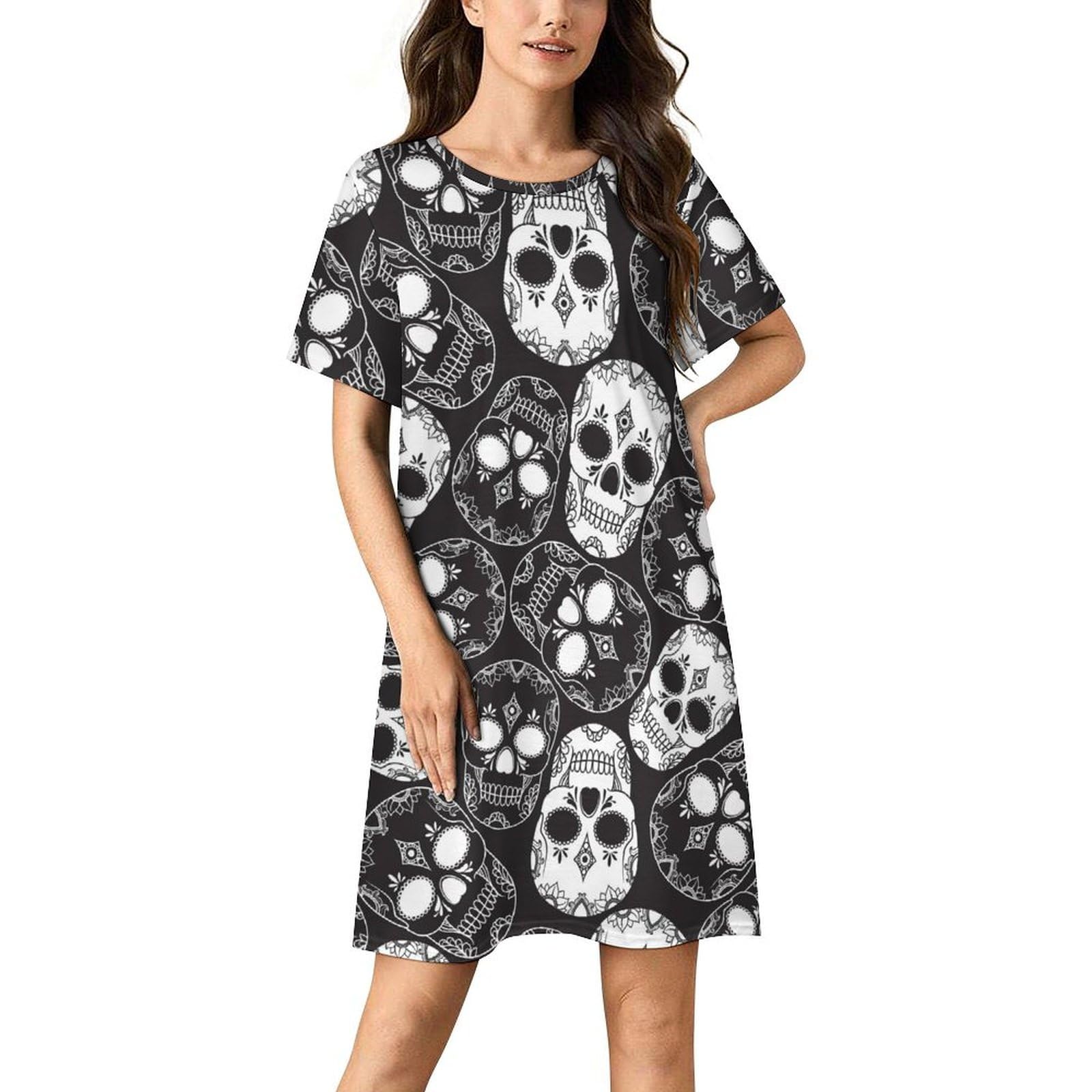 Lznjz Women's Black Complex Skull Short Sleeve Nightdress, Nightdresses For