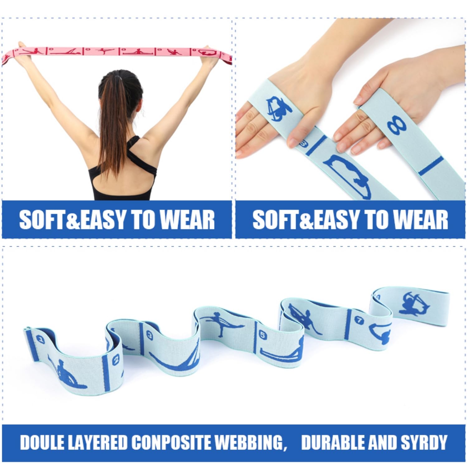 Sangle D'étirement CEILIWEN Avec 11 Boucles – Élastique En Coton/polyester, Pour Yoga, Pilates, Rééducation, Légère, Lavable, 2 Pièces
