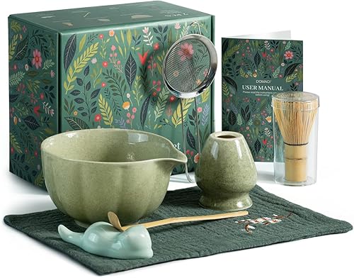 Juego de batidor de matcha, 7 piezas de kit de matcha japonés que incluye cuenco de matcha con boquilla, batidor de bambú, soporte Chasen, tamiz