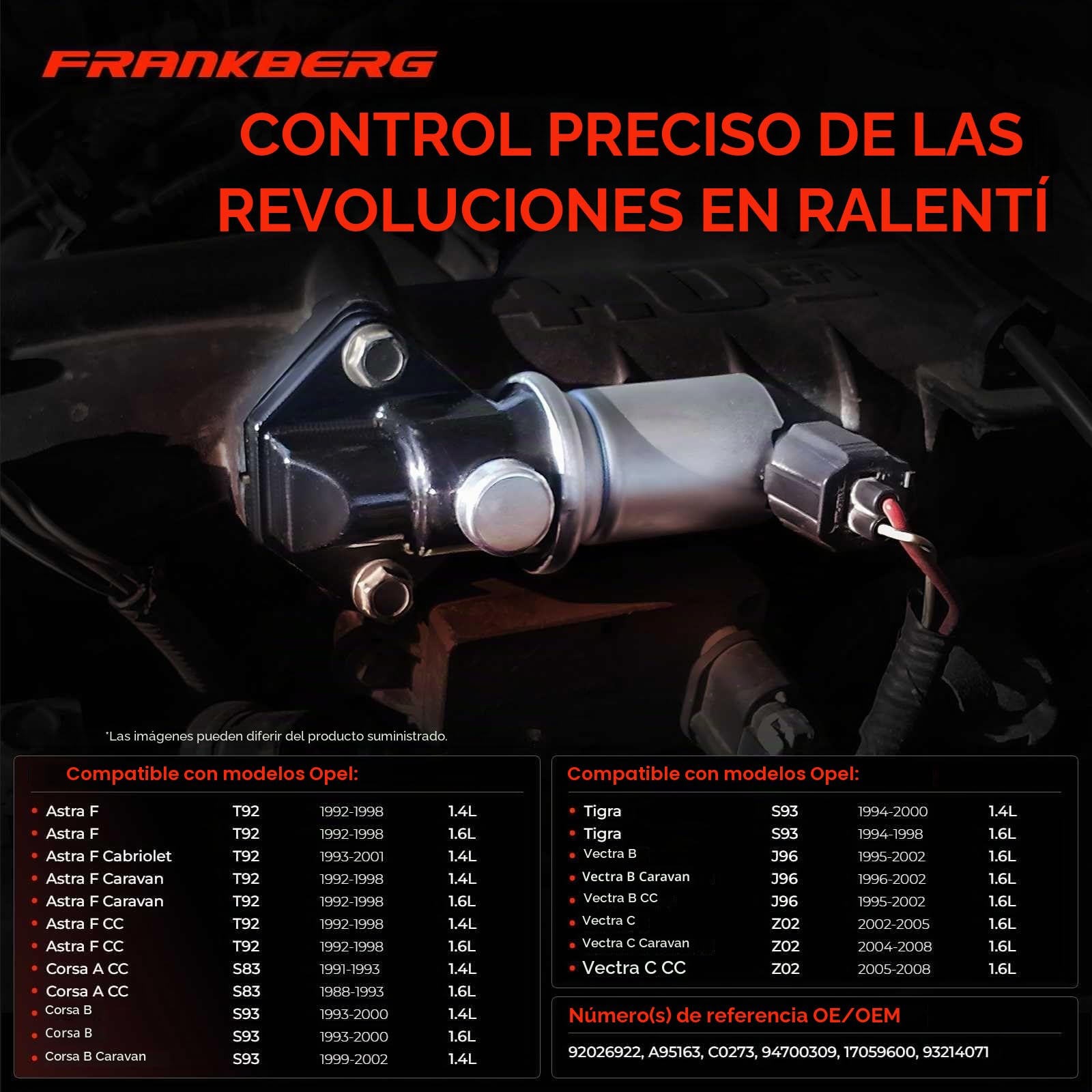 Frankberg Válvula de control de ralentí para motores de gasolina 93214071 | Compatible con: Caravana Astra G T98, Caravana Corsa B S93, Astra G CC T98, Vectra C CC Z02, Astra F Furgoneta/Combi T92