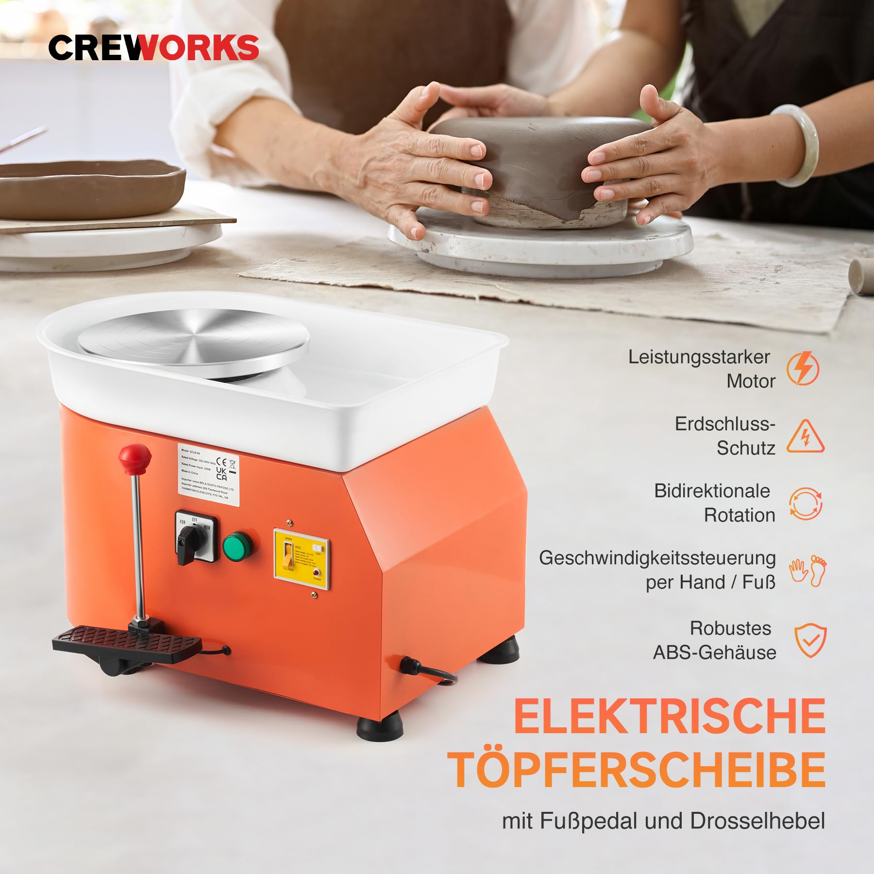 CREWORKS Máquina de Rueda de Cerámica Eléctrica Diámetro de 25 cm Torno de Alfarero Eléctrico 350 W Máquina de Arcilla de Cerámica 0-300 RPM Carga (con Mango Manual Y Pedal de Pie)