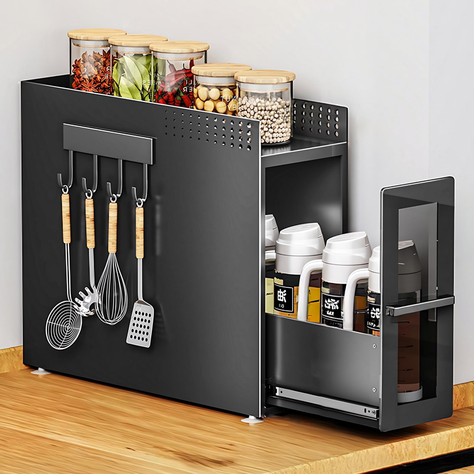 値下げ　訳あり　隠せる調味料ラック幅13cm 大容量 完成品 (黒2段) 値下げ 訳あり 隠せる調味料ラック幅13cm 大容量 完成品 (黒2段)