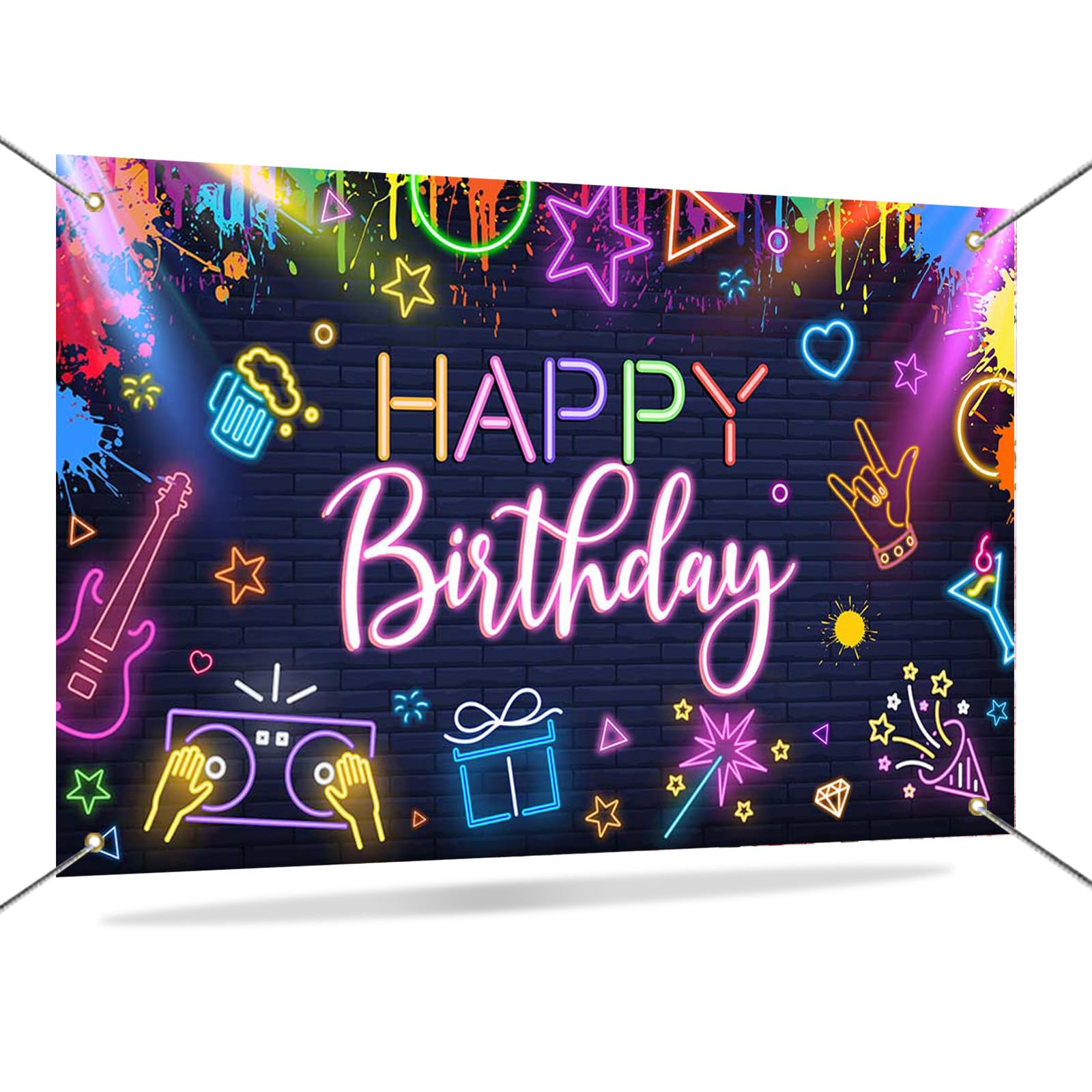 Mocsicka Neon Birthday Backdrop Banner Glow in The Dark Party Decorations Graffiti Splatter Let’s Glow Birthday Photography Background Photo Booth