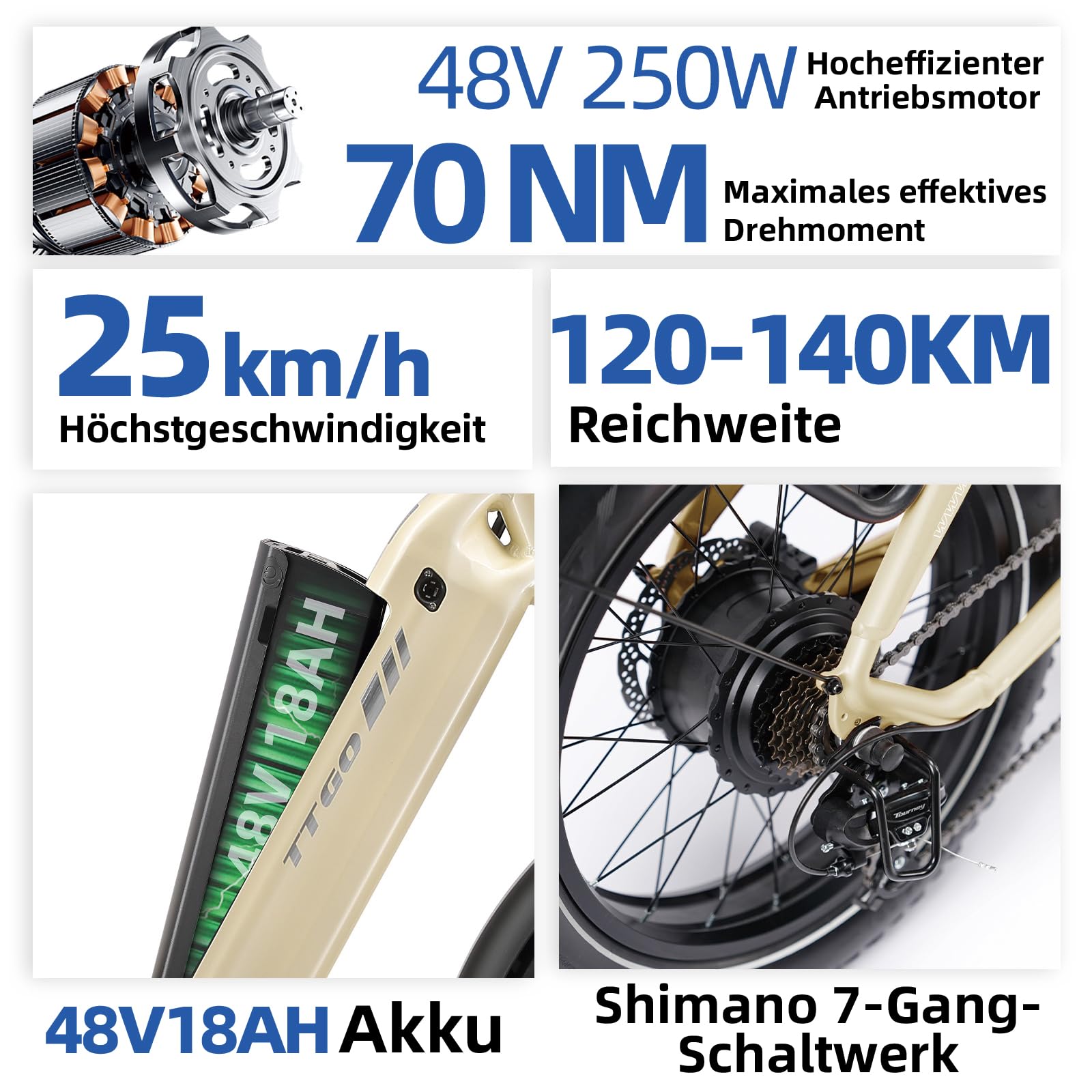 TTGO F6 Boost Vélo électrique 20" Fatbike pliable pour homme et femme Batterie 48 V 18 Ah 250 W 70 Nm, jusqu'à 150 km, pour ville, trajets et excursions