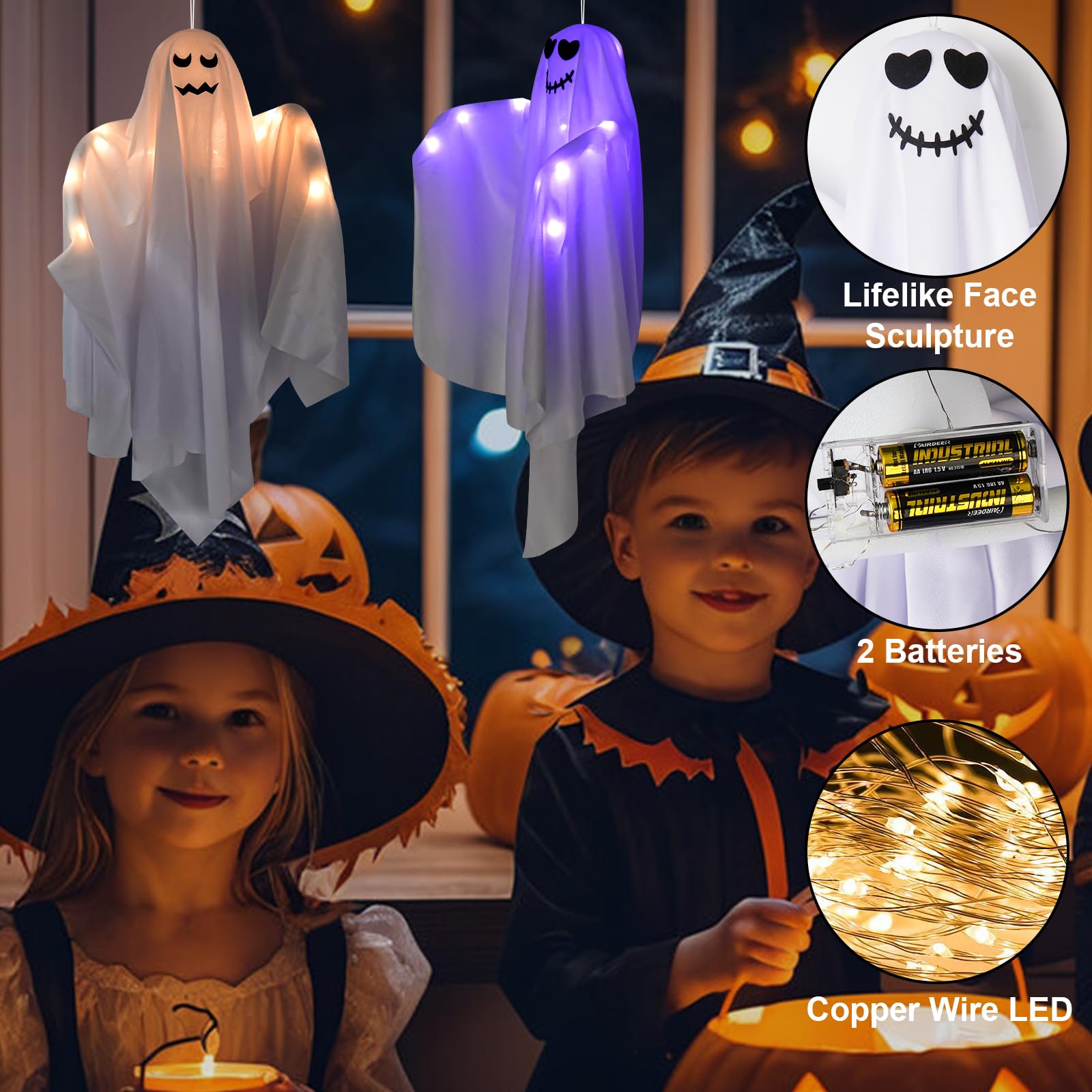 Luz Fantasma Colgante Halloween, 2 Piezas Fantasma Halloween Decoracion, Decoración Halloween Exterior Interior, Colgante Espeluznante Decoración para jardín, Ventana, Bar