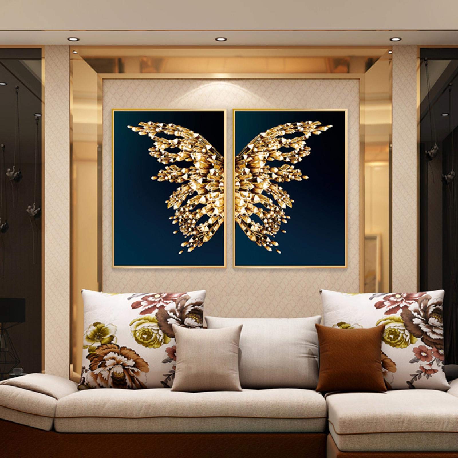Yooyu Cuadro de lienzo de mariposa dorada, póster de pared de lujo, carteles de mariposas de lujo abstractos, decoración de habitación dorada negra, marco interno de 50x70x2cm