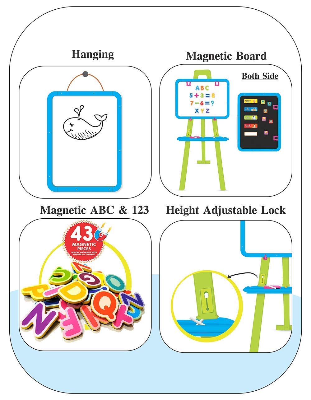 LONGMIRE Magnetic Writing Activity Board for Kids with Stand White Board Black Board for Boys Girls Board for Home Kids School with Plastic Frame Made in India (8 in 1 Easel Board) - Image 4 thumbnail