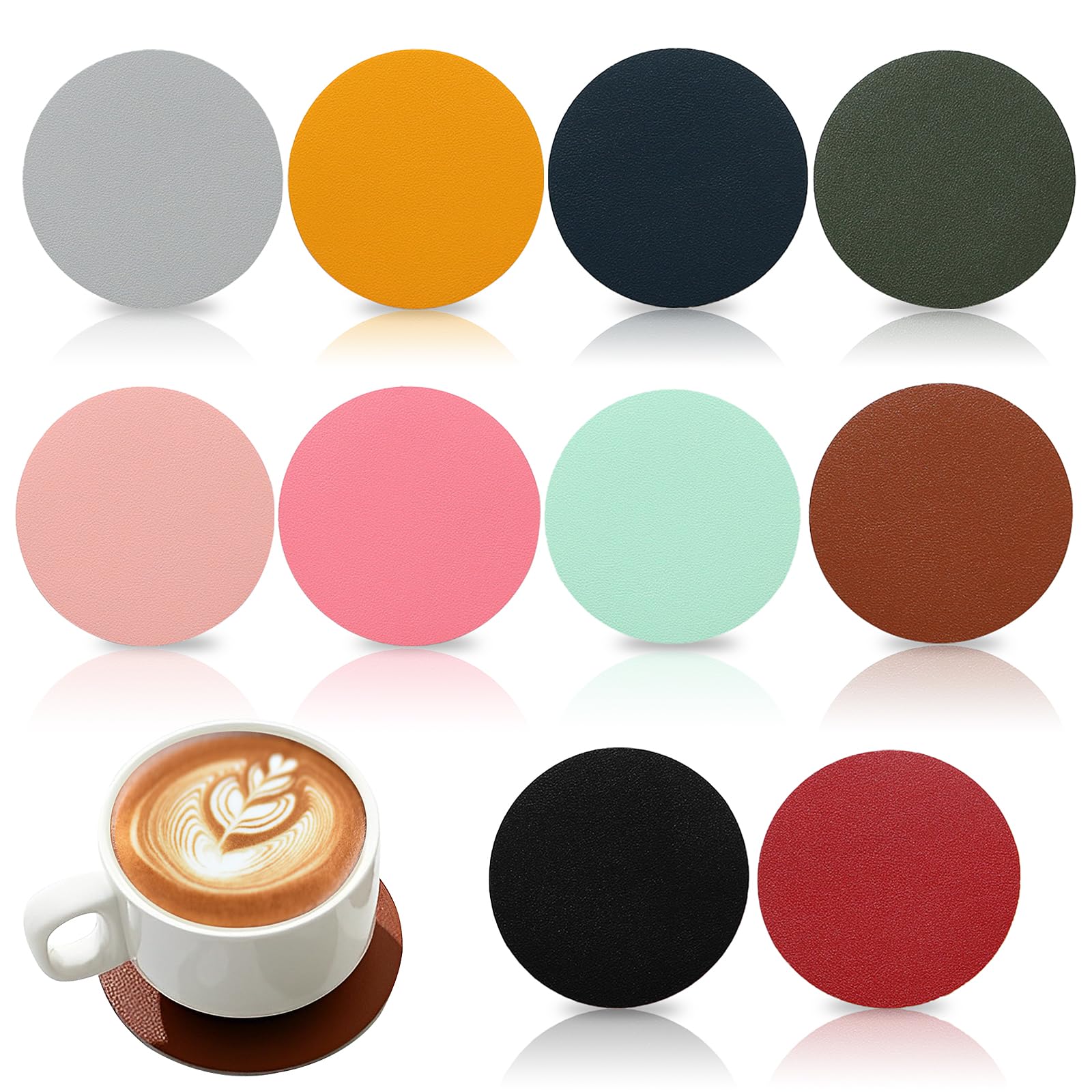 10 PCS Drink Coasters, Leather Coaster Set Double Sided Glass Coasters Cup Mats Round Coaster Sets Waterproof Non-slip for Home Bars Tea Coffee Drinks (10 Colors)