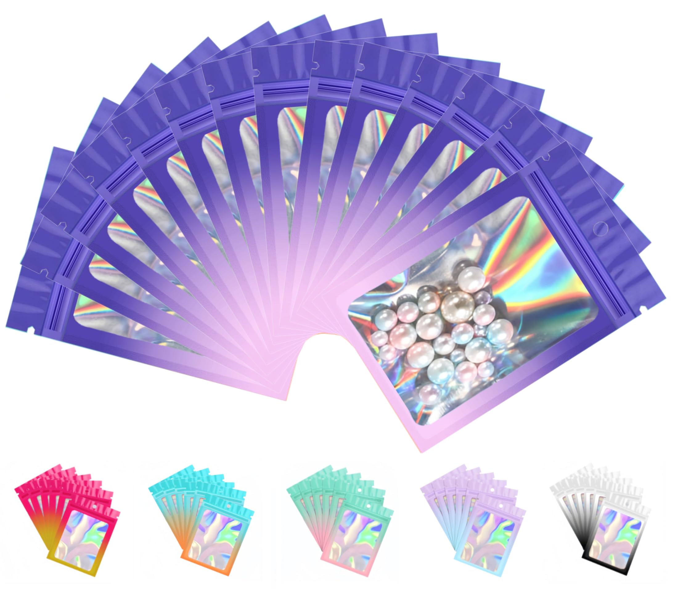 Plaphy 100-Pack Resealable Holographic Mylar Bags with Clear Window, Ziplock Sample Bags, Aluminium Foil-Lined Pouches with Hang Hole for Food Storage & Accessories (Purple and Pink, 3.1 x 5.1 in) โ image 1