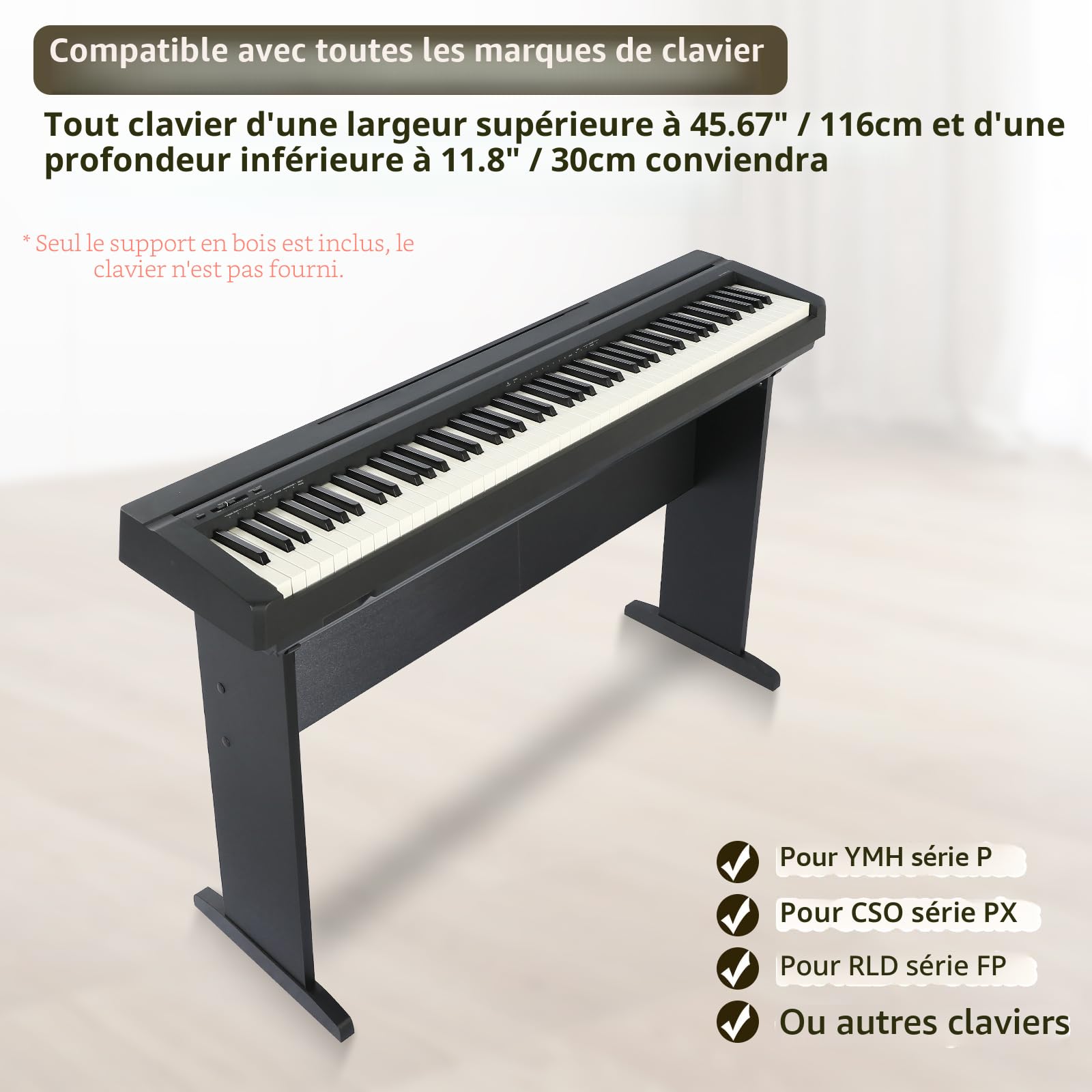 Support universel pour clavier de piano 76/88 touches, support de meubles en bois compatible avec les claviers de pianos numériques YMH série P, CSO PX, RLD FP Series – Planche intermédiaire 2