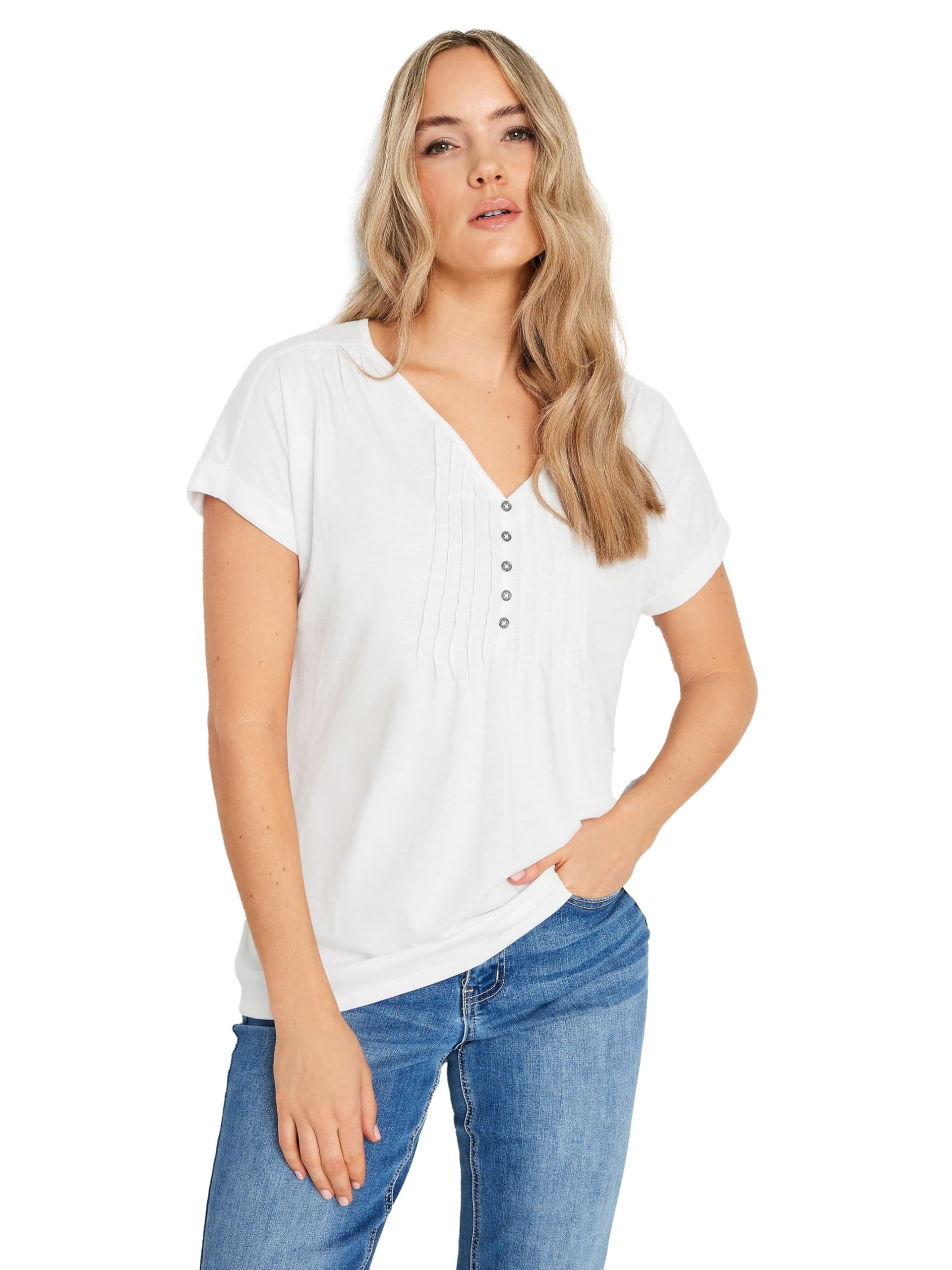 Long Tall Sally Tall Cotton Henley T-Shirt White - Short Sleeve V-Neck Jersey