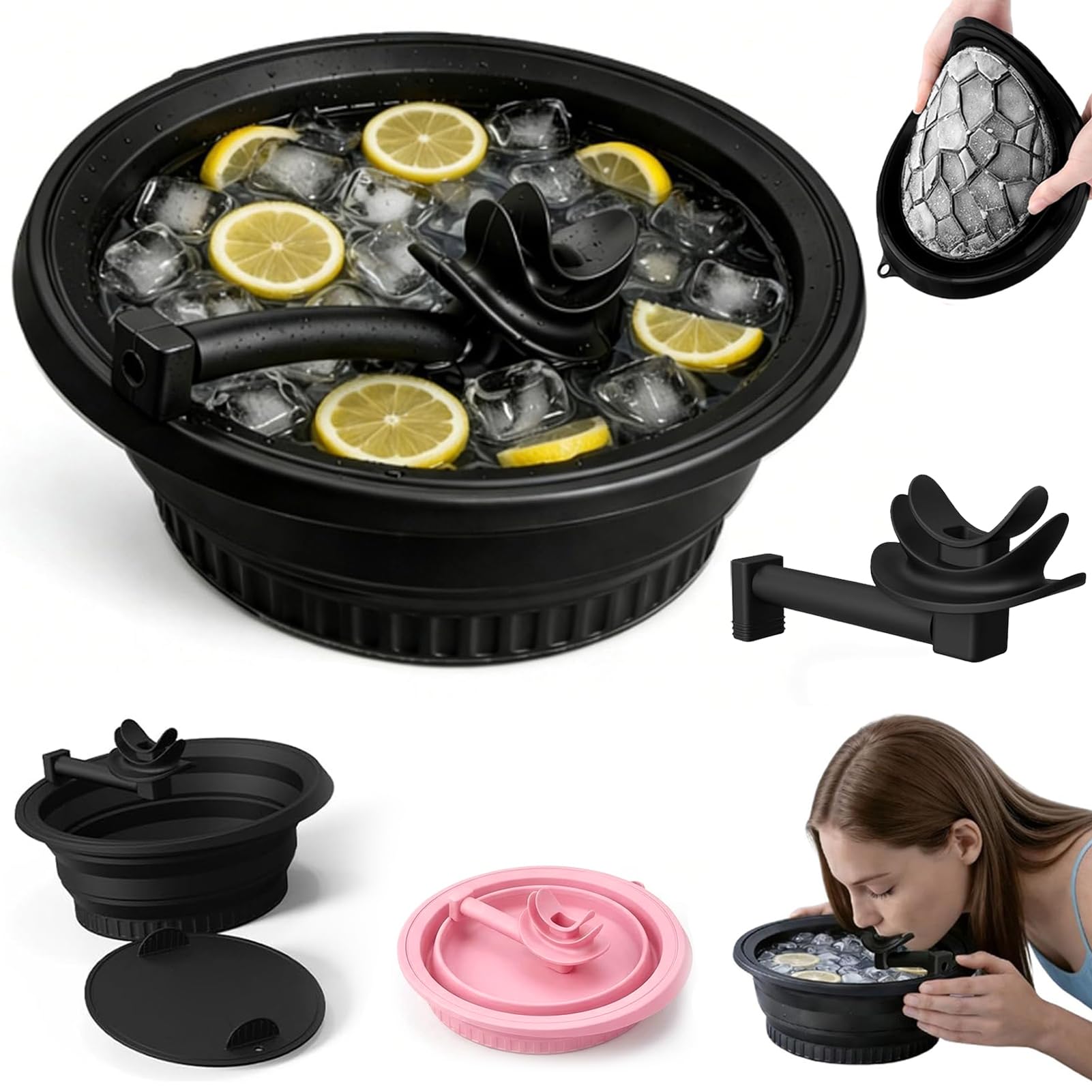 2026 Upgraded Face Bowl for Ice - Foldable Silicone Facial Ice Bath Bowl, 2 in 1 Face Bowl for Ice with Built-in Ice Tray & Snorkel, Portable Ice Facial Bowl Collapsible for Home, Travel (Black)