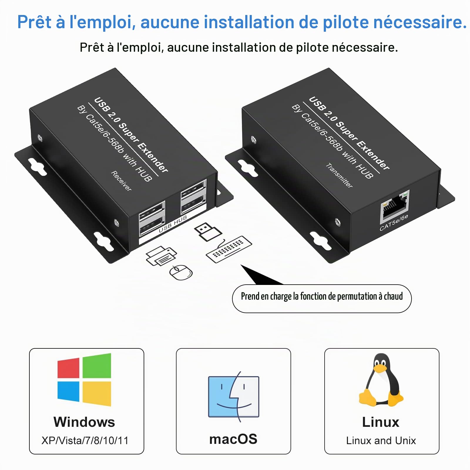 VEDINDUST USB 2.0 Extender Ethernet 4 Ports 196ft 60m Extension sur RJ45 Cat5e 6 Jusqu'à 480Mbps Deux Webcam Work Sync Support Windows MacOS Android Linux Pas de Pilote EX50USB etc