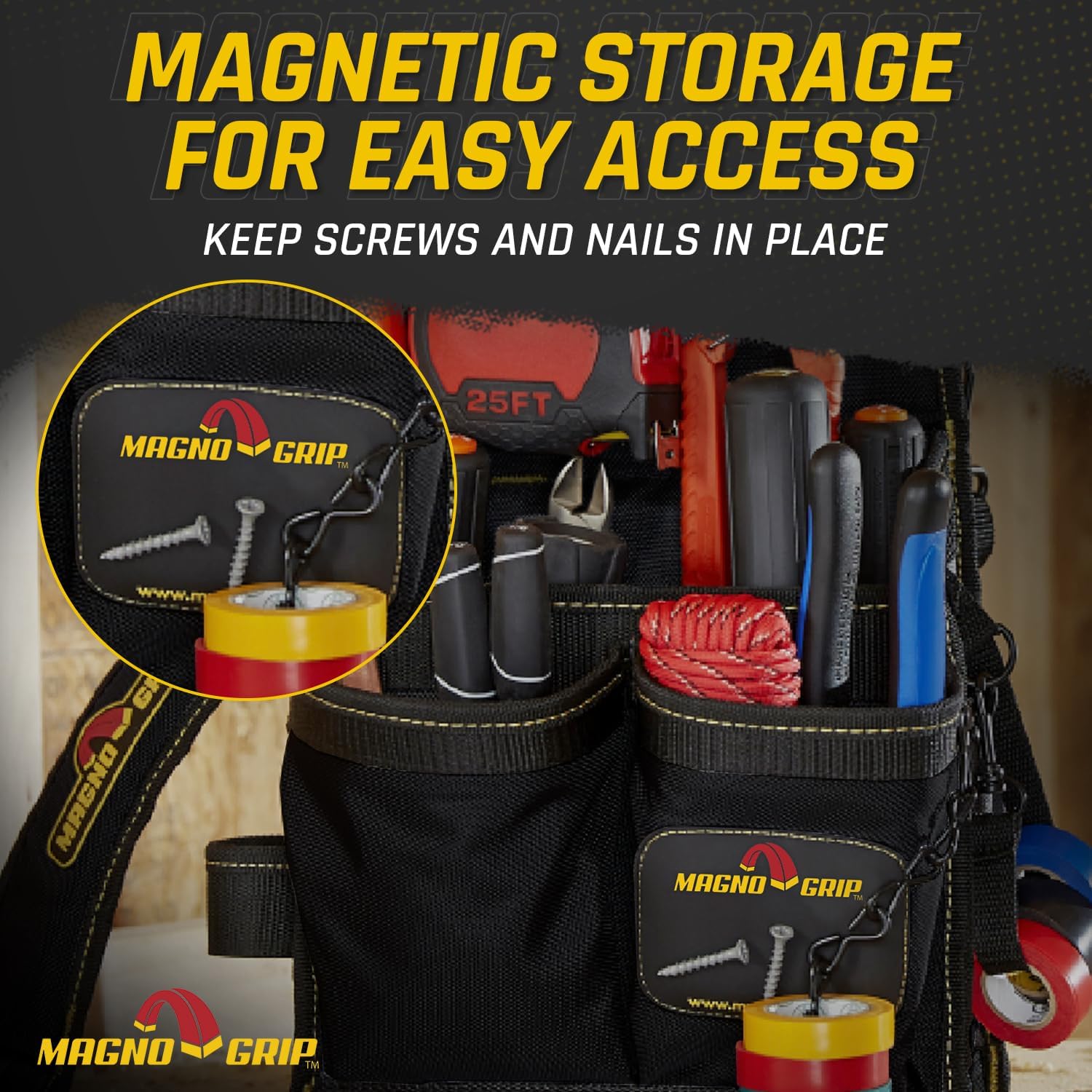 MagnoGrip 20-Pocket Electrician's Pouch with Shoulder Strap – Magnetic Storage for Tools & Fasteners, Heavy-Duty 1680D Ballistic Polyester, Rivet Reinforced, Durable & Water-Resistant - Black. - Image 2