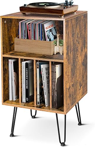 Mesa de tocadiscos, soporte para tocadiscos con almacenamiento, soporte de almacenamiento de discos con patas de metal, mesa para tocadiscos con