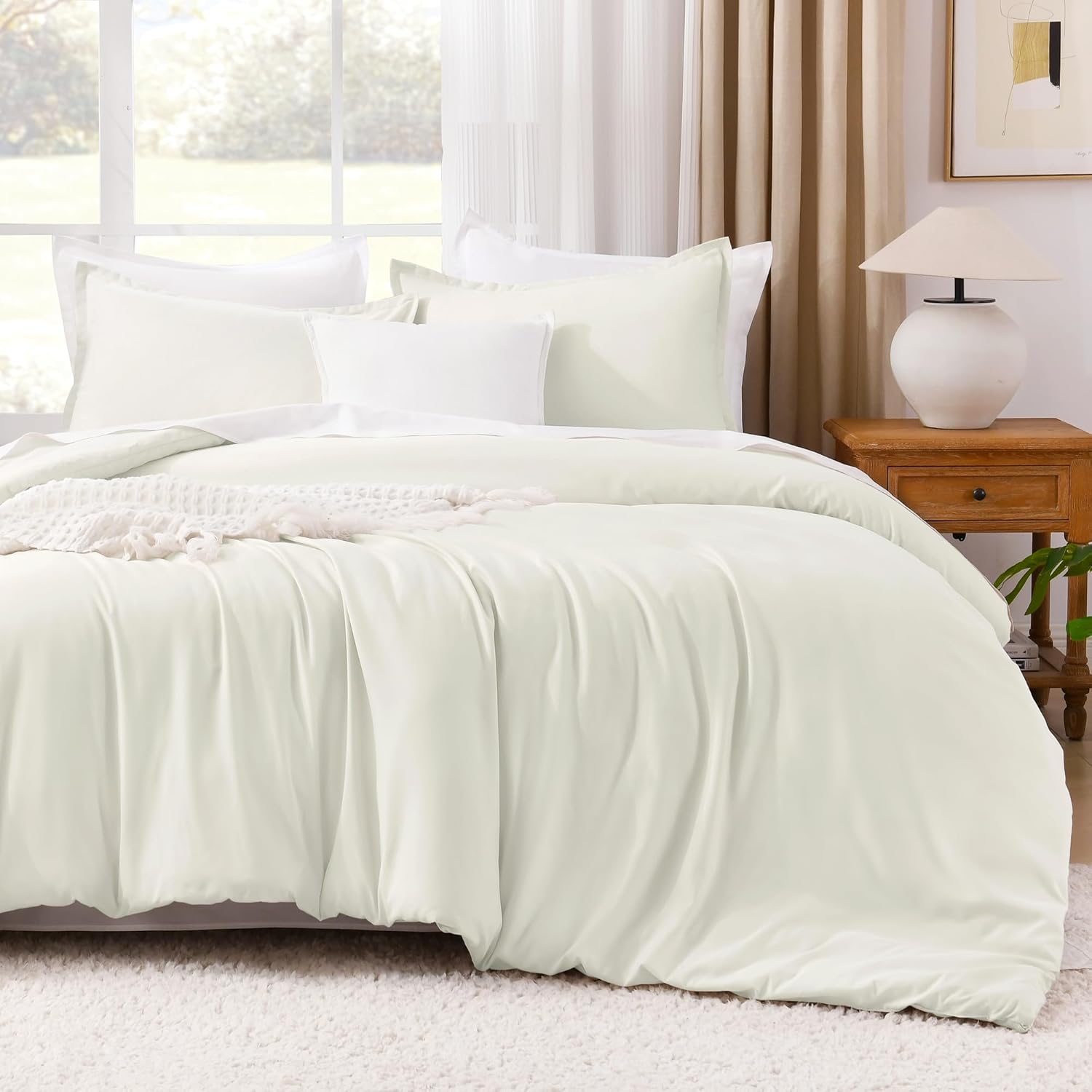 Litanika Ivory Comforter Set Queen Size, 3 Pieces Lightweight Solid Bedding Comforter Set, All Season Fluffy Bed Set (90x90In Comforter & 2 Pillowcases) Queen (90"x90") 11 - Ivory