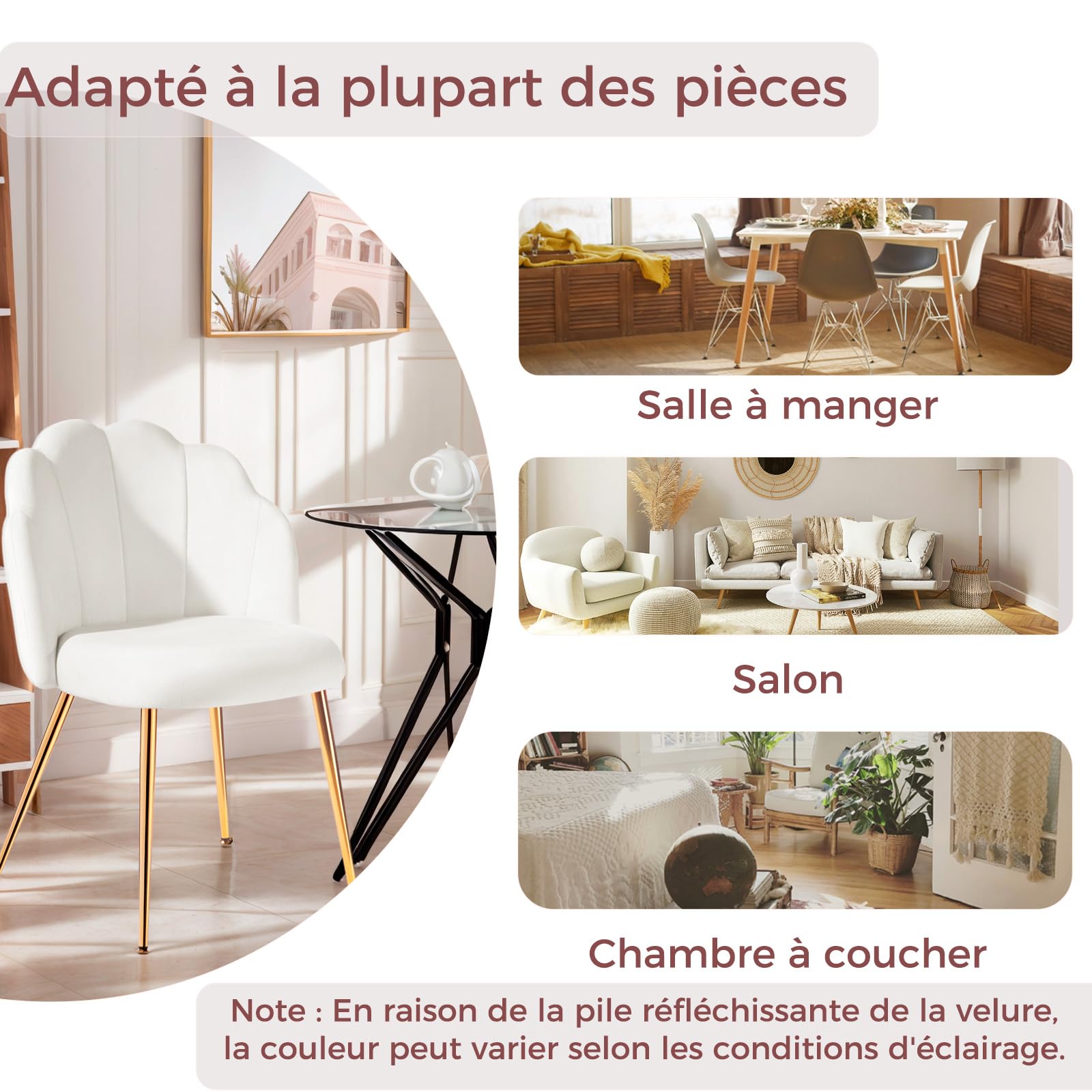 ‌Chaise de Coiffeuse Design en Velours avec Pieds Métal Doré - Fauteuil Coquillage Adulte pour Chambre à Coucher,Beige/Blanc