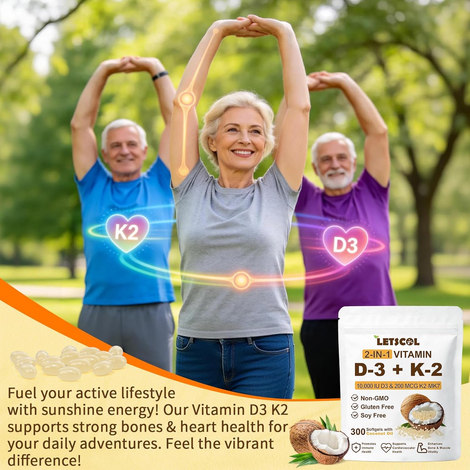 2-in-1 Vitamin D3 K2 Supplement Softgel, Vitamin D3 10000 IU and Vitamin K2 200 mcg, K2 MK7 with D3 Vitamin Supplement Support Immune, Heart, Joint, Teeth & Bone Health