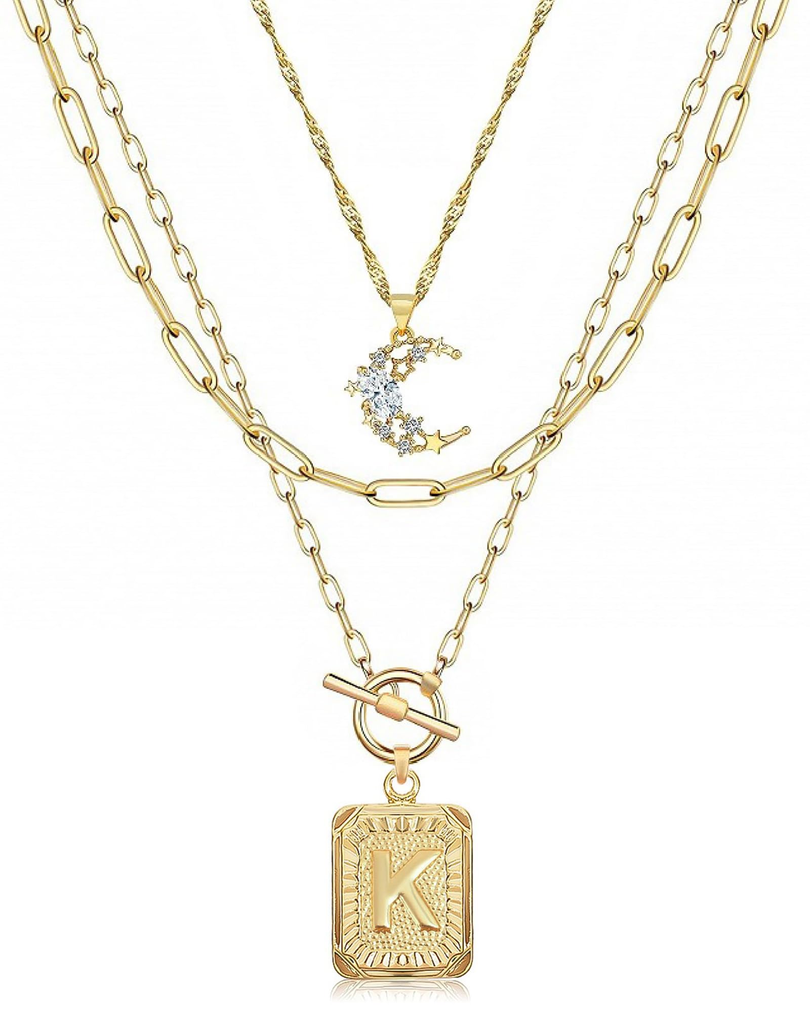 MJartoria Layered Initial Necklaces for Women Trendy, 14K Gold Plated Brass Simple Moon Choker Square Letter Pendant Necklace, Paperclip Chain Necklaces Jewelry Gifts