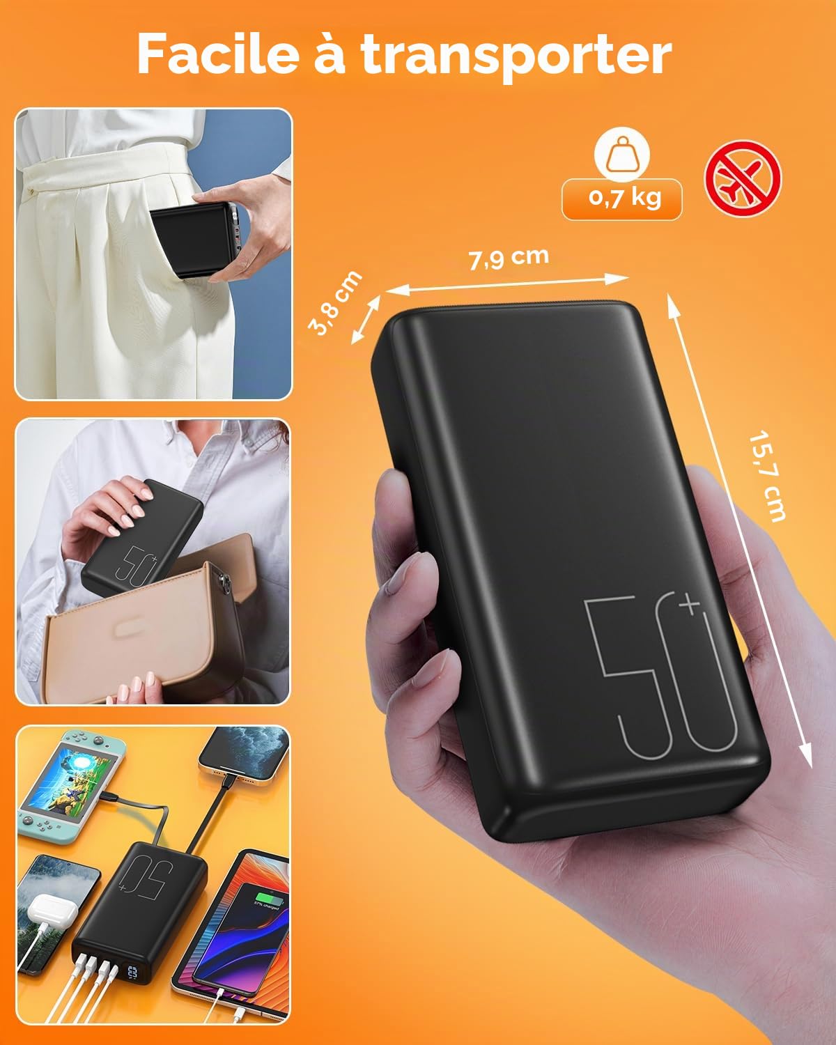 Batterie Externe 51000mAh, Power Bank 22,5W Charge Rapide avec Câbles USB-C et Lightning Intégrés, Écran LED, 6 Sorties pour iPhone 16 15 14, Samsung, iPad, Camping, Urgence