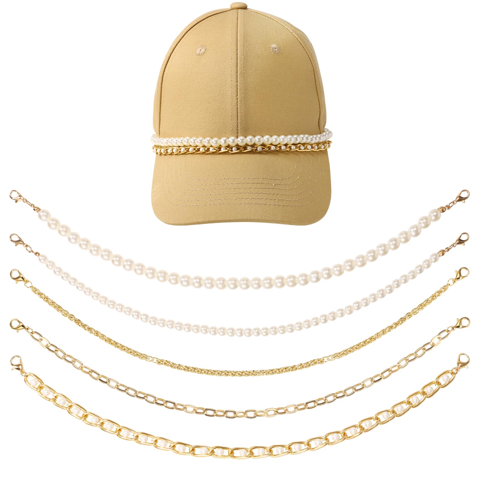 5pcs Trucker Hat Chains, 5 Styles Metal/Pearl Chains Detachable Hat Chain Baseball Cap Chains Trucker Hat Charms Accessories for Women Men DIY Mesh Baseball Cap Netback Cap