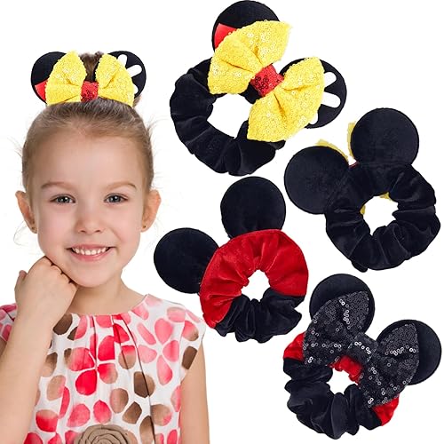 Akkya Bandas elásticas para orejas de ratón con lazo rojo para mujeres, niñas, niños y adultos, paquete de 2 cintas para el pelo de ratón de dibujos