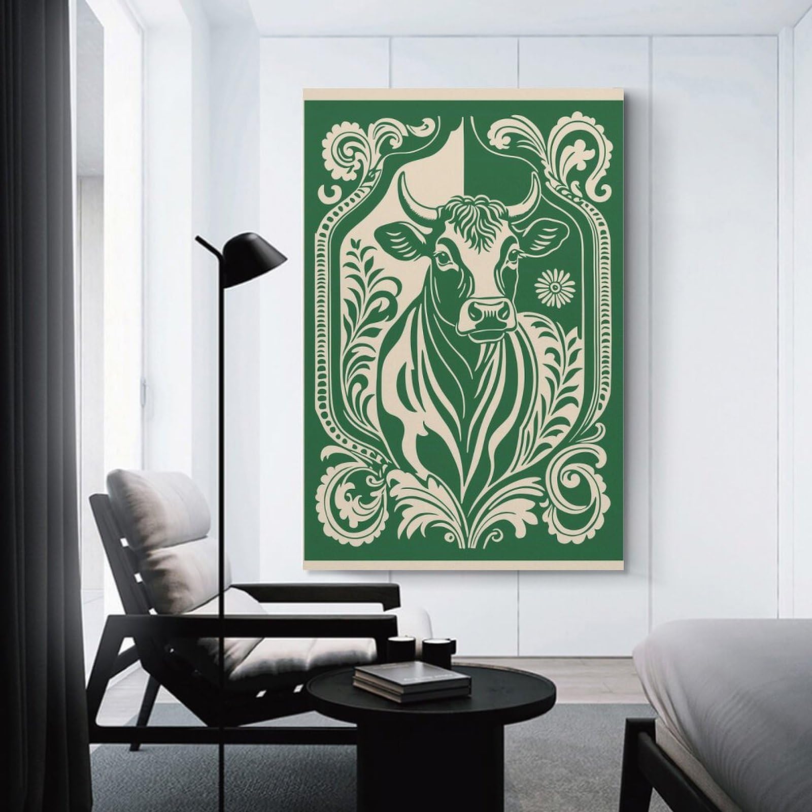 Junmoney Unframe-Style-10 Room Decor Wall Art Stylized Bull Portrait With Floral Border, 20X30inch(50X75cm), For Gallery Wall Layouts In Home Or Office, Home Wall Art For Statement Displays