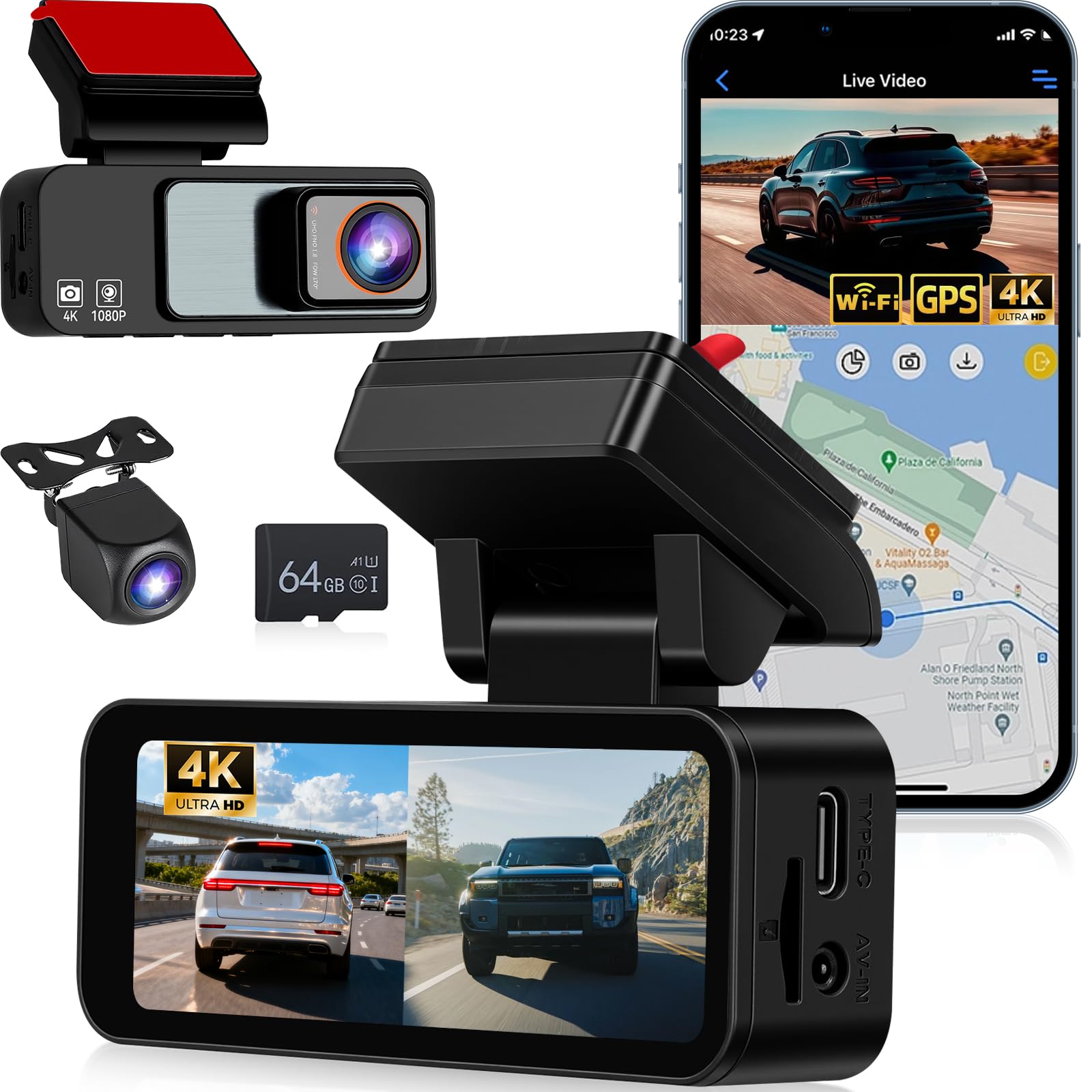 Cámara doble para salpicadero 4K con WiFi y GPS, DVR para coche de 3,16 pulgadas, 4K delante + visión nocturna detrás, grabación en bucle, sensor G, modo de aparcamiento 24 horas + tarjeta TF de 64 GB