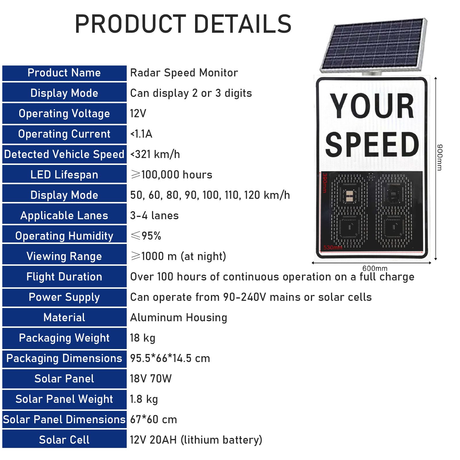 Señal de visualización de velocidad de radar, señal de tráfico LED alimentada por energía solar con luz de advertencia intermitente, 24 x 35 pulgadas para un control eficaz del límite de velocidad