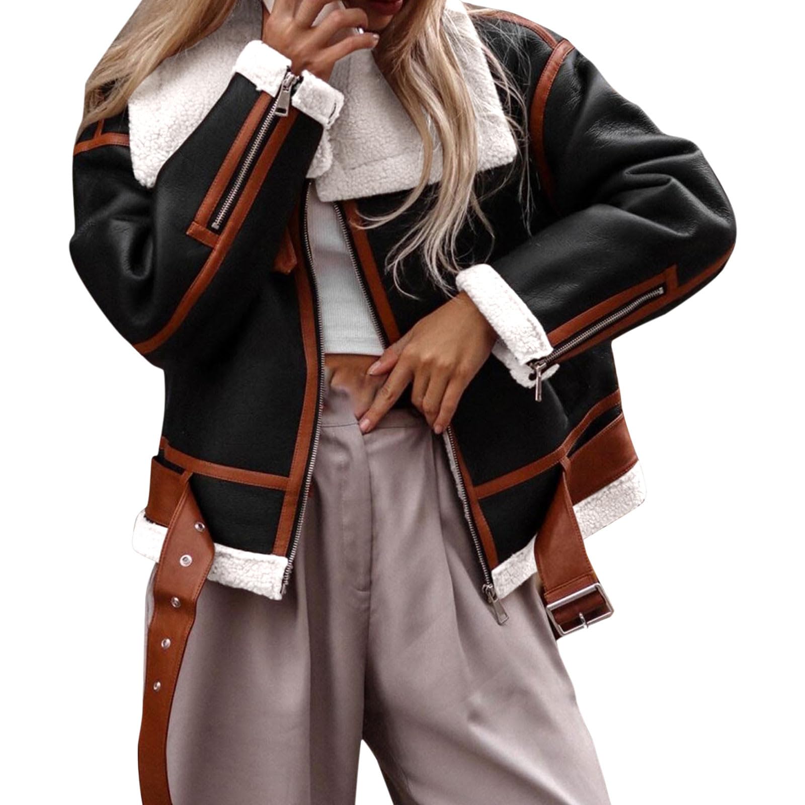 Kunstlederjacke Damen Mit Kuscheligem Innenfutter Warm Winterjacke Mit Teddyfutter Revers Lederjacke Kunstpelz Mantel Bomberjacke Wildlederjacke Dicke Biker Motor Reißverschluss Outwear