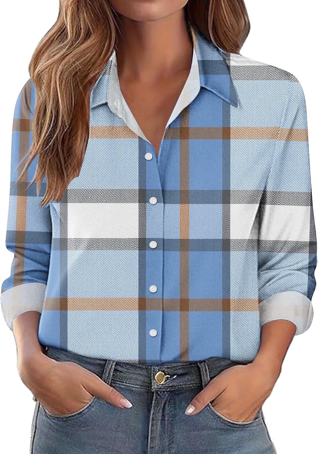 Womens Button Down Shirt Dressy Casual Plaid Print Work Tops Business Long Sleeve Blouses Fall Clothes Outfits
