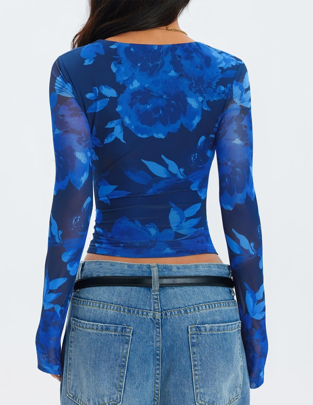 ZESICA Womens Floral Mesh Long Sleeve Tops 2026 Fall Cowl Neck Slim Fit Going Out Y2k Shirts Trendy Date Night Outfits - Image 4