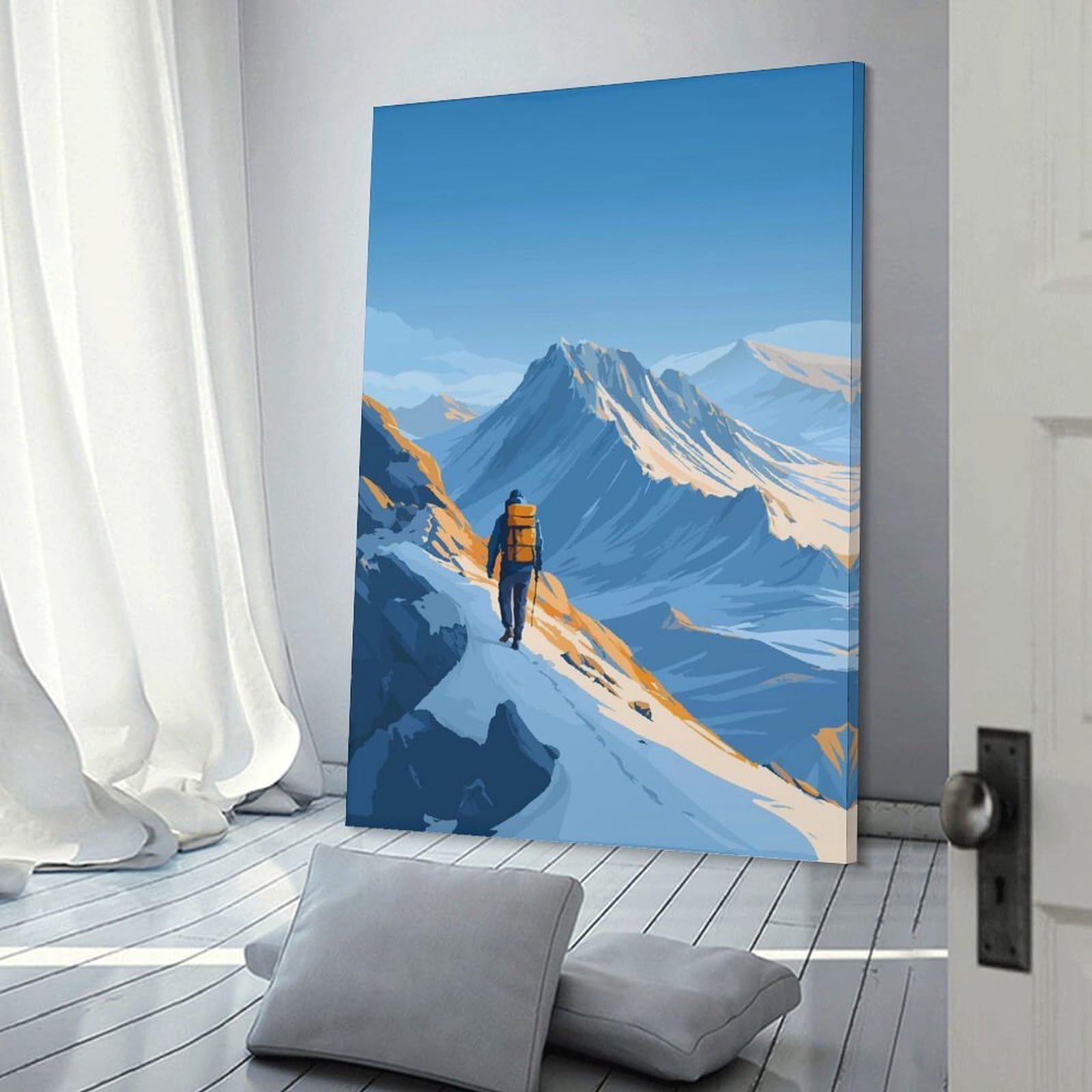 Junmoney Mountain Hiker with Backpack Illustration Canvas Wall Picture 24x36inch(60x90cm), for Contemporary Homes, Apartments Or Offices, Wall Decor with Flexible Room Appeal