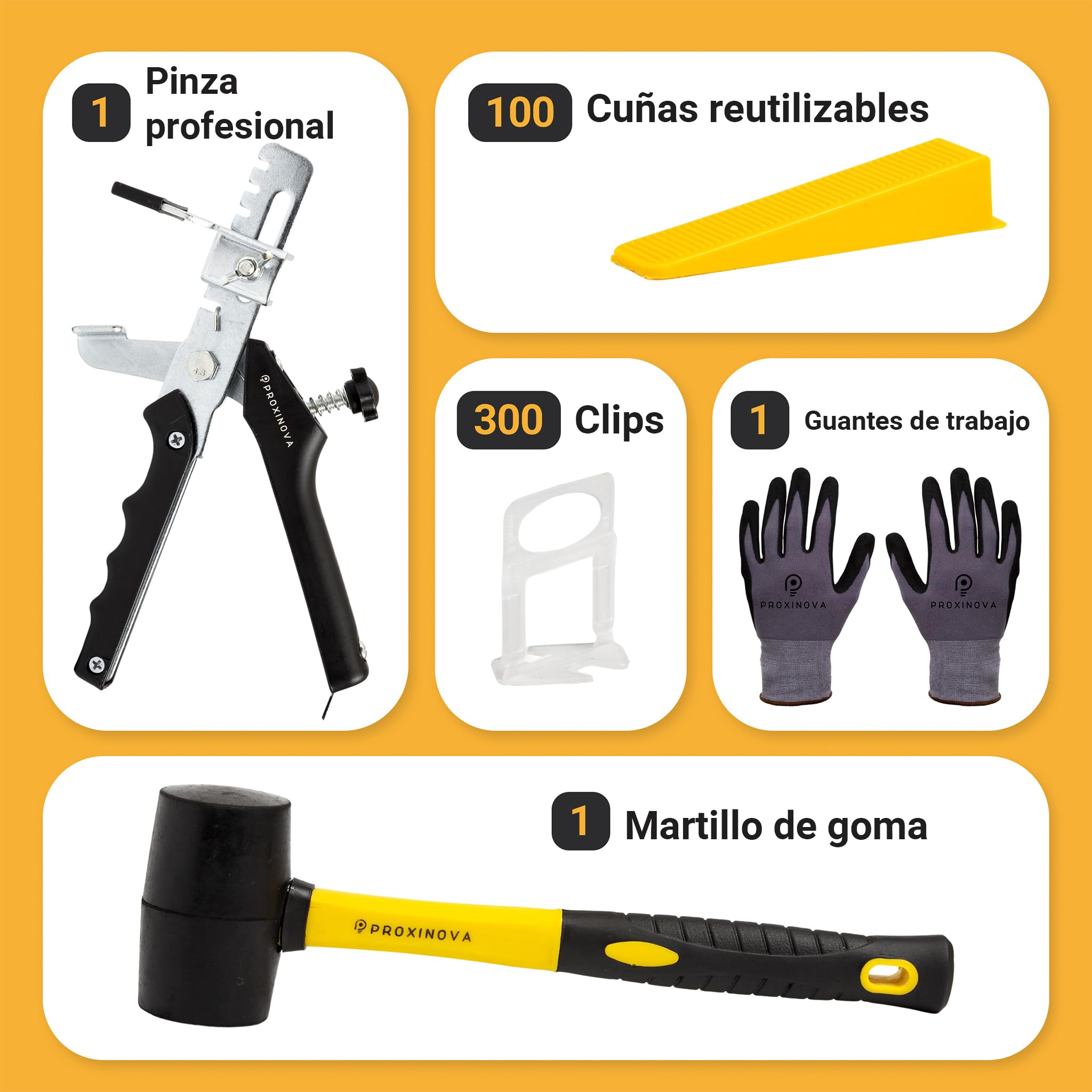 Proxinova Sistema de Nivelación de Azulejos 2mm, Kit de 400 Piezas: 300 Espaciadores de Nivelación para Azulejos, 100 Cuñas | Alicates para Nivelación de Azulejos, Martillo de Goma, Guantes de Trabajo