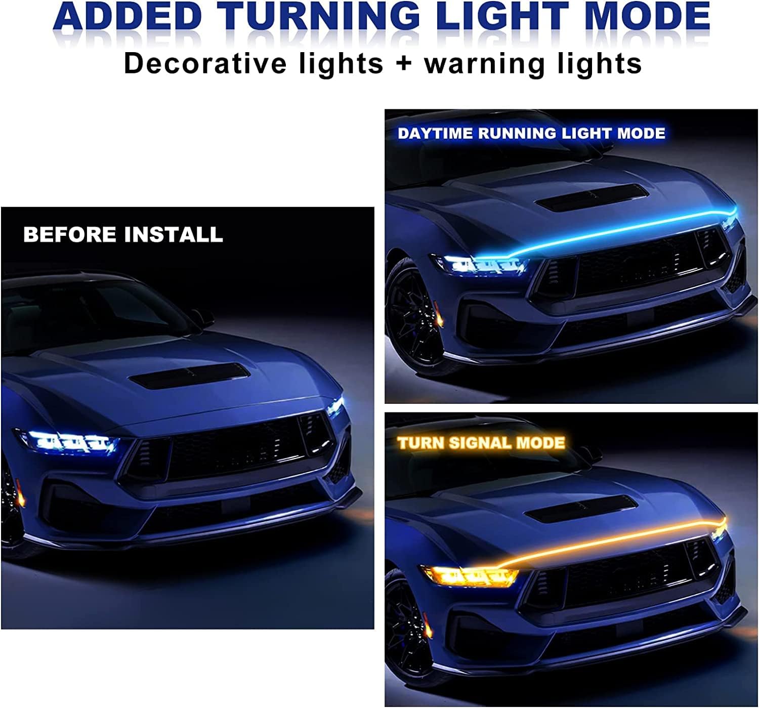 Cuttable LED Car Under Hood Light Strip Automotive Engine LED Strips Turning Light Guide Decorative Waterproof IP66 Daytime Exterior Decoration Accessories DC 15V Light Blue & Yellow 78.8in