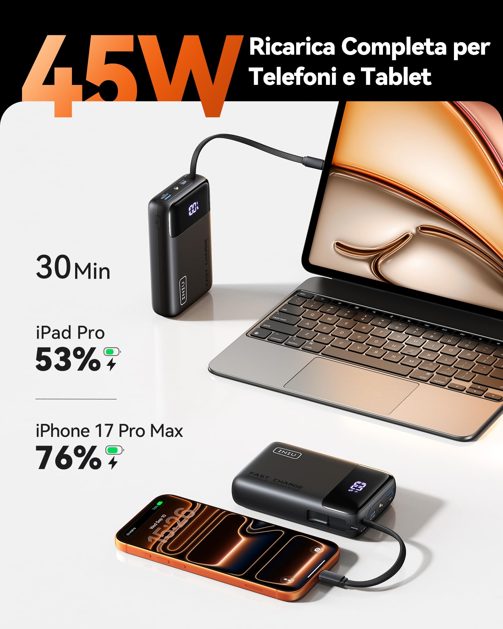 INIU 45W Power Bank, 20000mAh Ricarica Rapida Powerbank con Cavo USB C Integrati, USB C In&Out PD3.0 QC4.0 Caricatore Portatile per iPhone 17 16 15 14 13 Pro Max Mini Plus Samsung Huawei iPad Pro