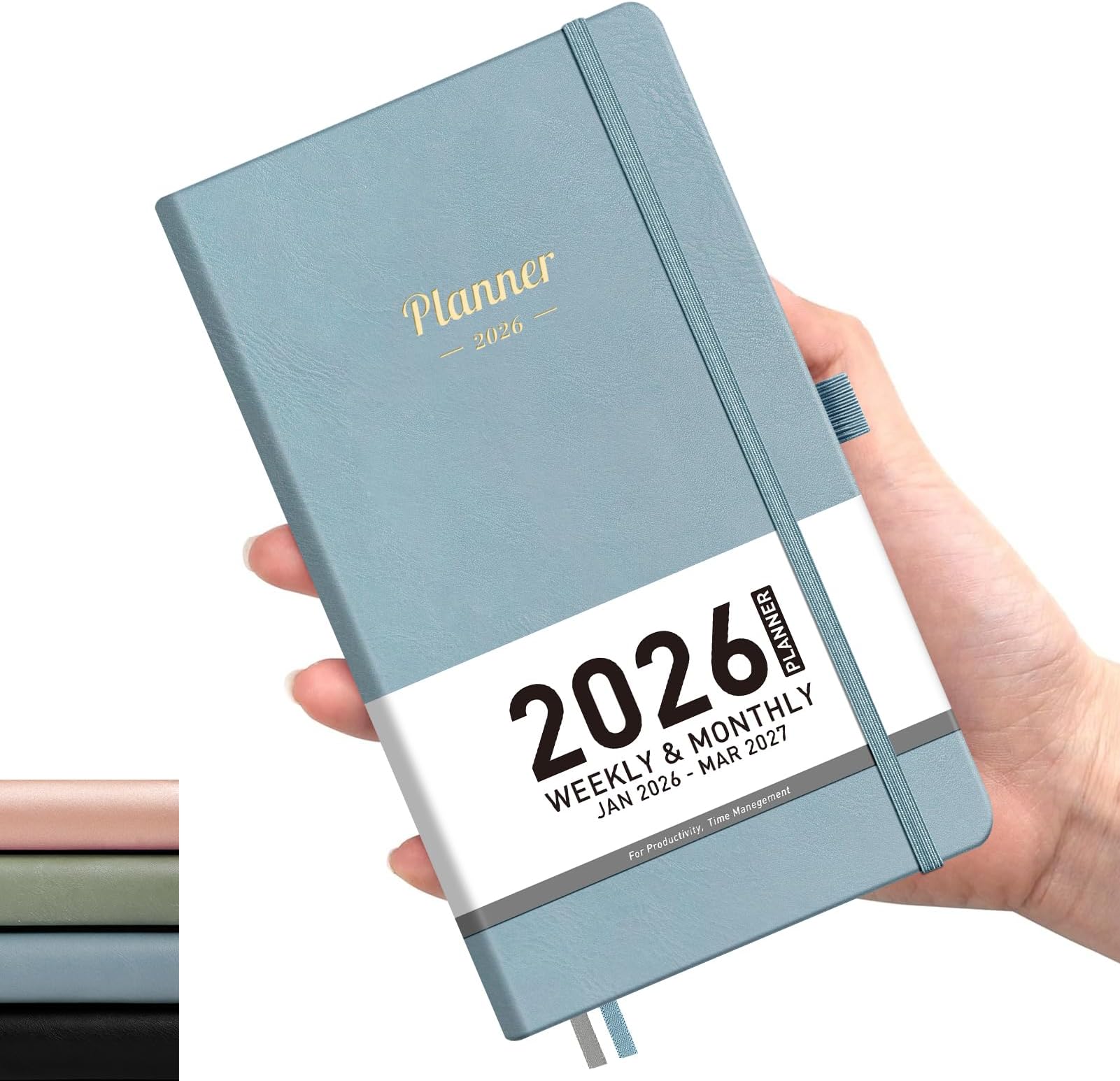 AHGXG Small Pocket Planner 2026-2027, Weekly and Monthly Calendar Planner, 15 Months, JAN 2026 - MAR 2027, Mini Size, Hardcover, Inside Pocket, For Women Men School Home Office Supplies, 3.9''X 6.7'' - Gray Blue