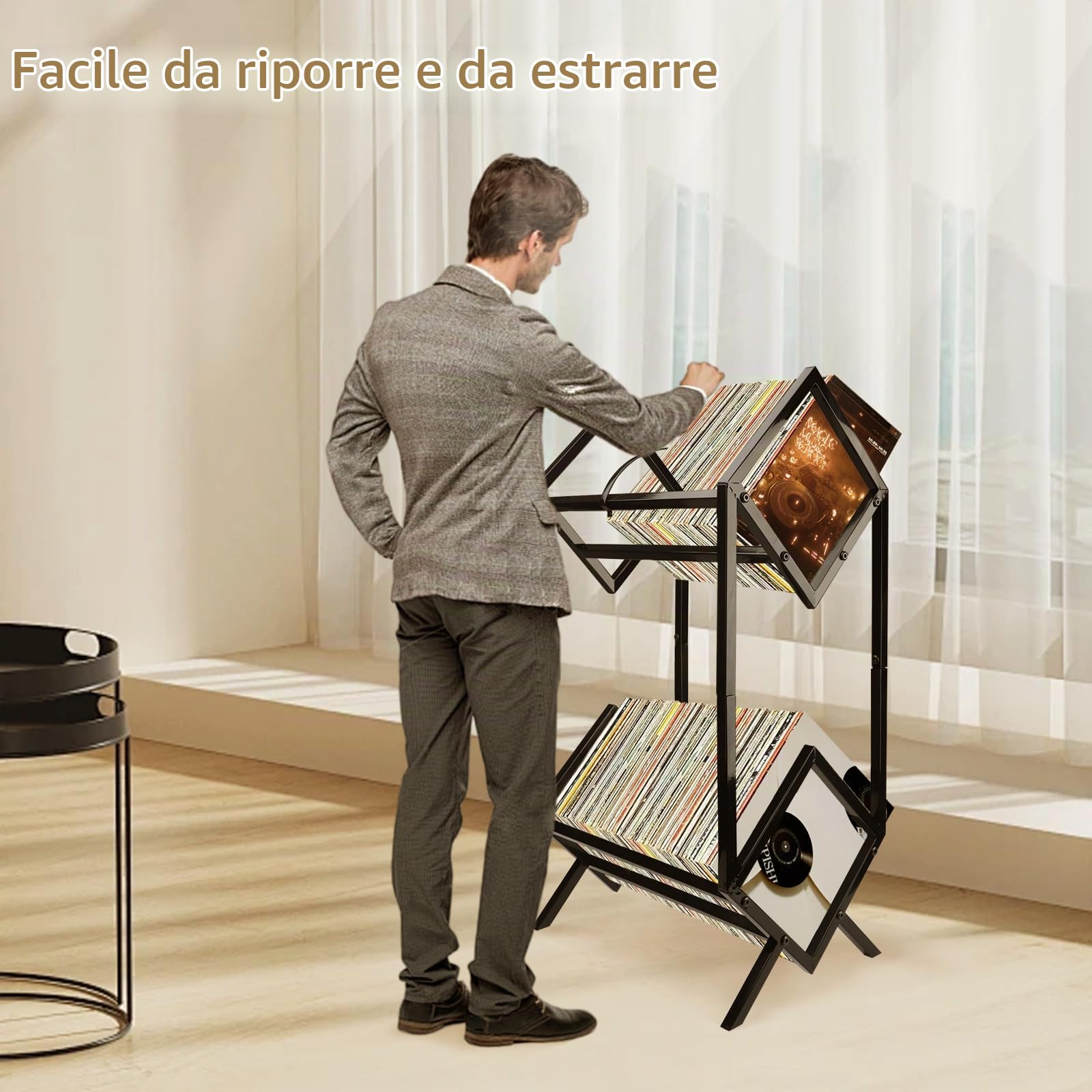 Scaffale per dischi in vinile, scaffale per album LP a 2 livelli, organizer per scaffali per dischi in vinile per la casa in stile retrò, espositore in metallo per album, libri, file di riviste