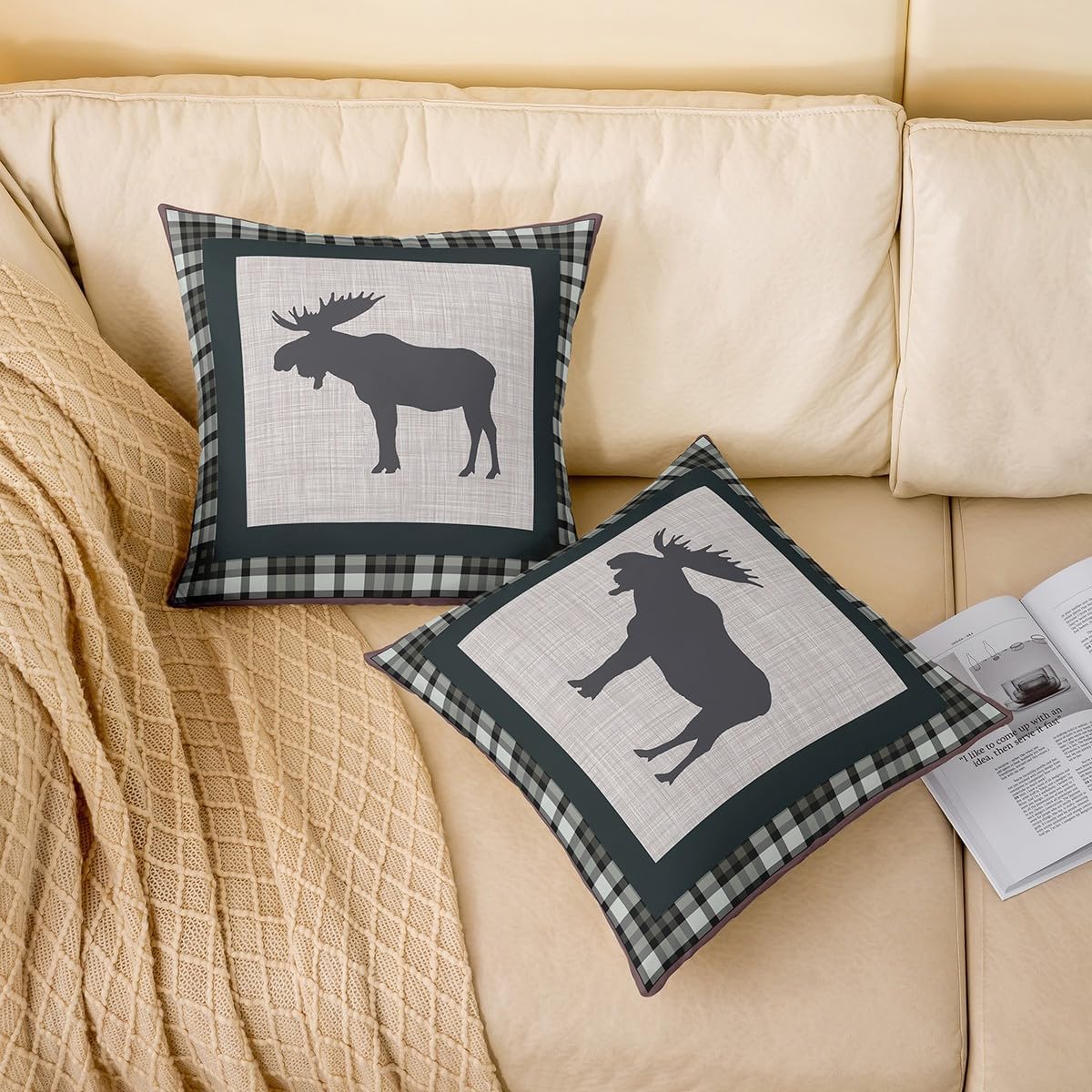 Deer Silhouette Pillow Cover Wild Animal Vintage Grid Pattern Cushion Cover for Room Decor Sofa Rustic Farmhouse Style Square Cushion Case for Kids Teens Adults 24x24 Inch Set of 2 Green