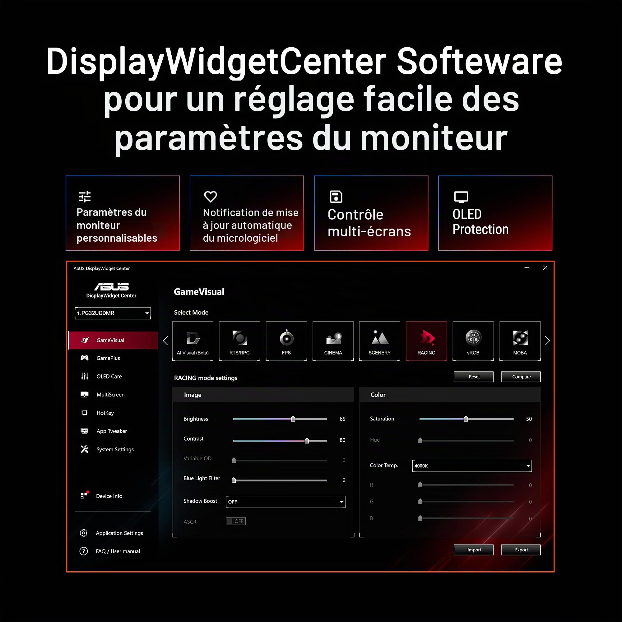 ASUS Moniteur de Jeu ROG Swift 32" 4K OLED (PG32UCDMR) - 4K (3840 x 2160), QD-OLED, 240 Hz, 0,03 ms, Compatible G-Sync, 99% DCI-P3, USB-C 90 W, DisplayWidget, DisplayPort 2.1, Garantie de 3 Ans