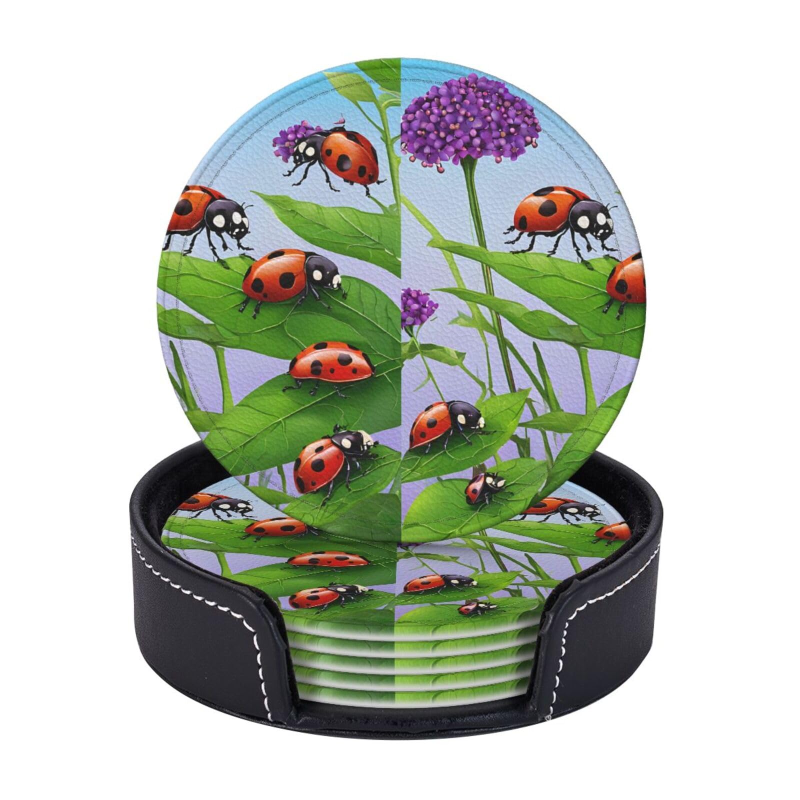 Coasters Set of 6 Microfiber PU leather Coasters with Holders for Drinks Coffee Bar Accessories, House Apartment Coffee Table Decor, Housewarming Gifts - ladybug and green leaves