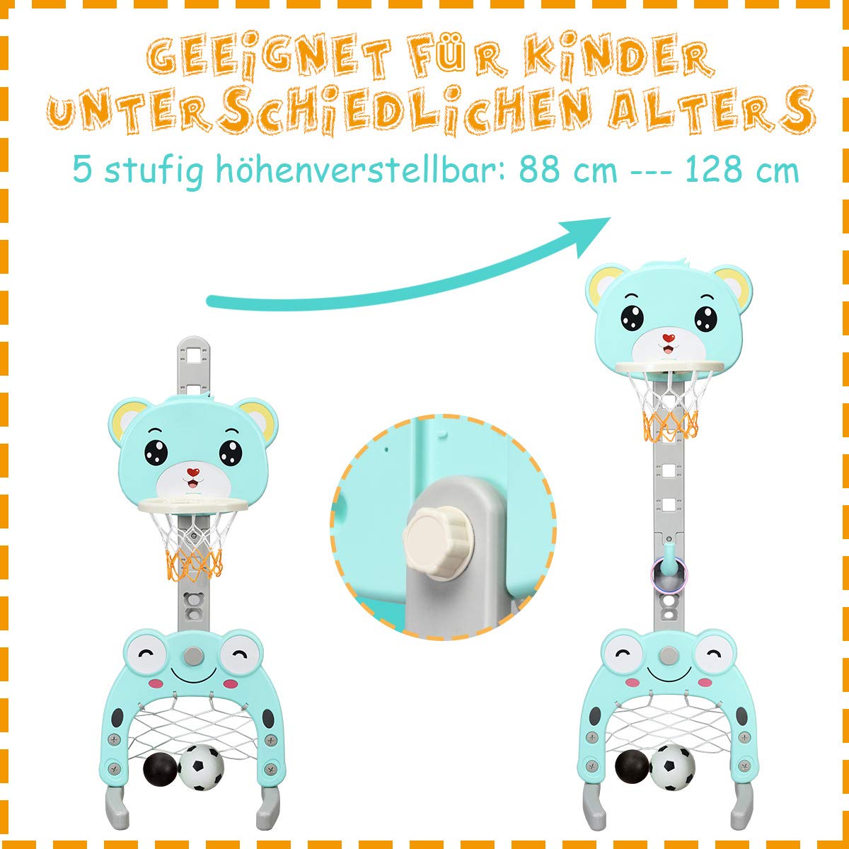 COSTWAY Kinder Basketballständer höhenverstellbar, 3 in 1 Kinder Spielplatz Basketballkorb & Fußballtor & Wurfspiel, Korbanlage für Innen- und Außenbereiche (Blau)