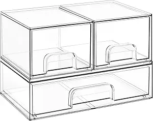 Vtopmart Stackable Storage Drawers Set of 3,Clear Plastic Organizer Bins for Makeup, Cosmetics, Beauty Supplies,Ideal for Vanity, Bathroom,Cabinet,Pantry Organization