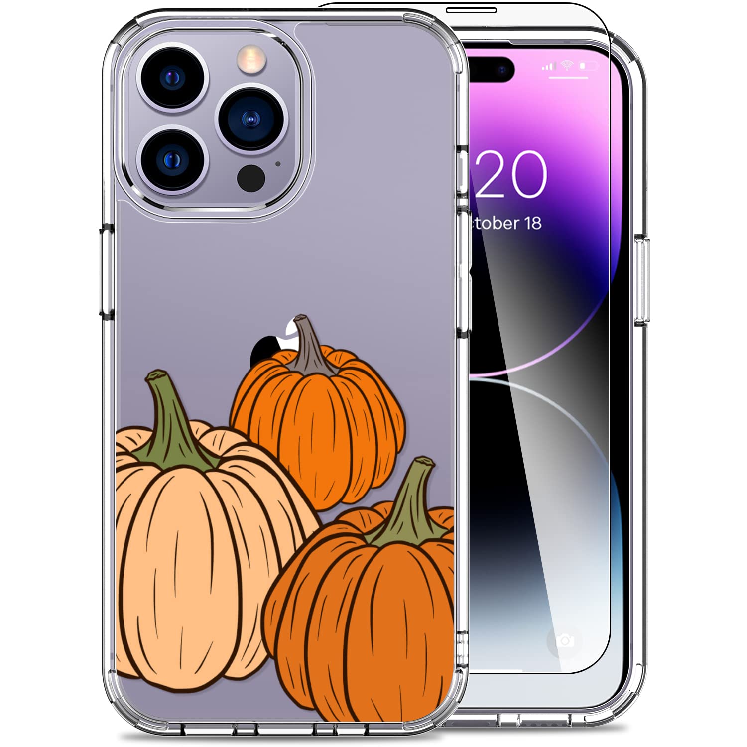 LUHOURI Designed for iPhone 14 Pro Case with Screen Protector - Slim Fit, Sturdy Clear Acrylic Cover for Women and Girls - Protective Phone Case 6.1" - Three Pumpkins